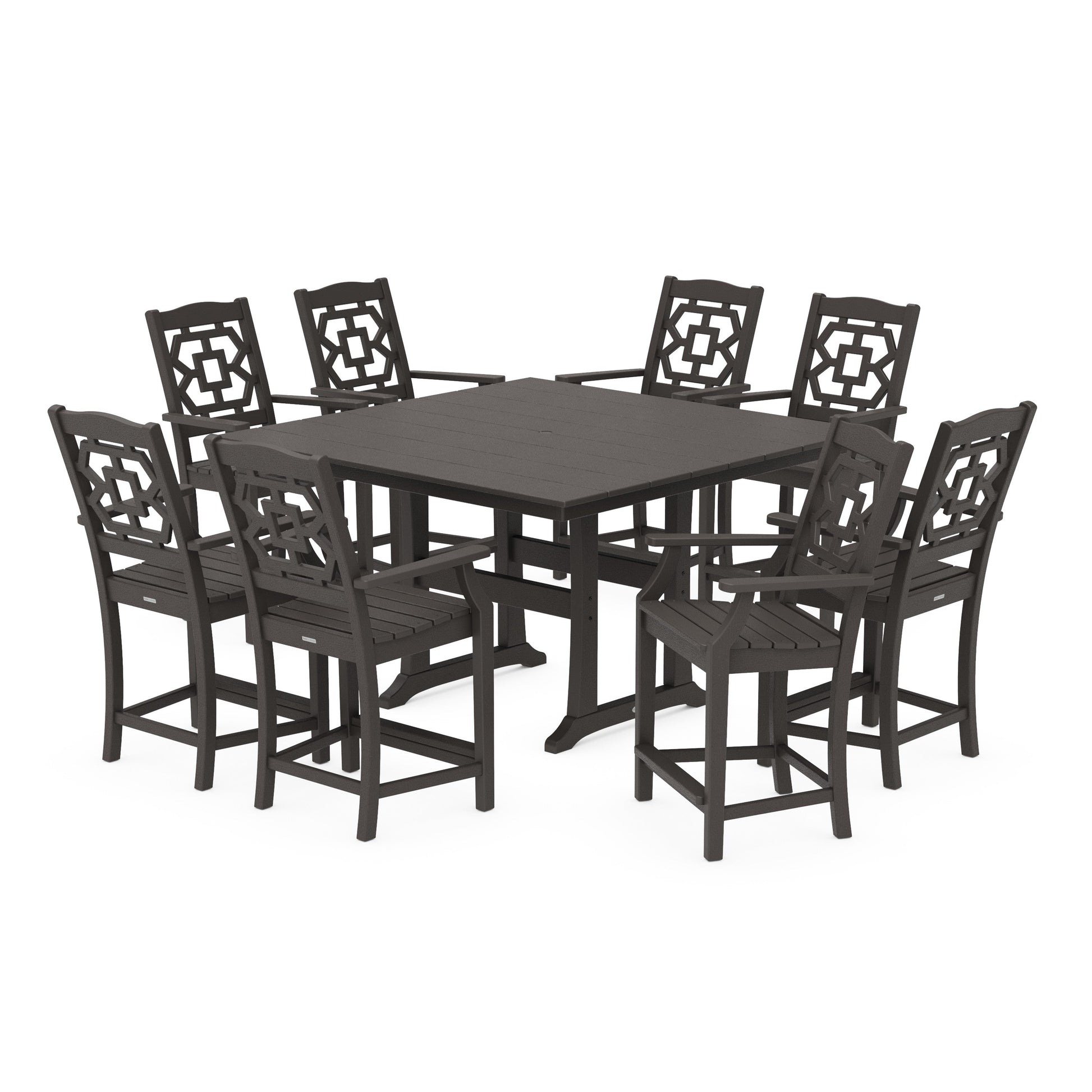 POLYWOOD Chinoiserie 9-Piece Square Farmhouse Counter Set with Trestle Legs — Vintage Coffee