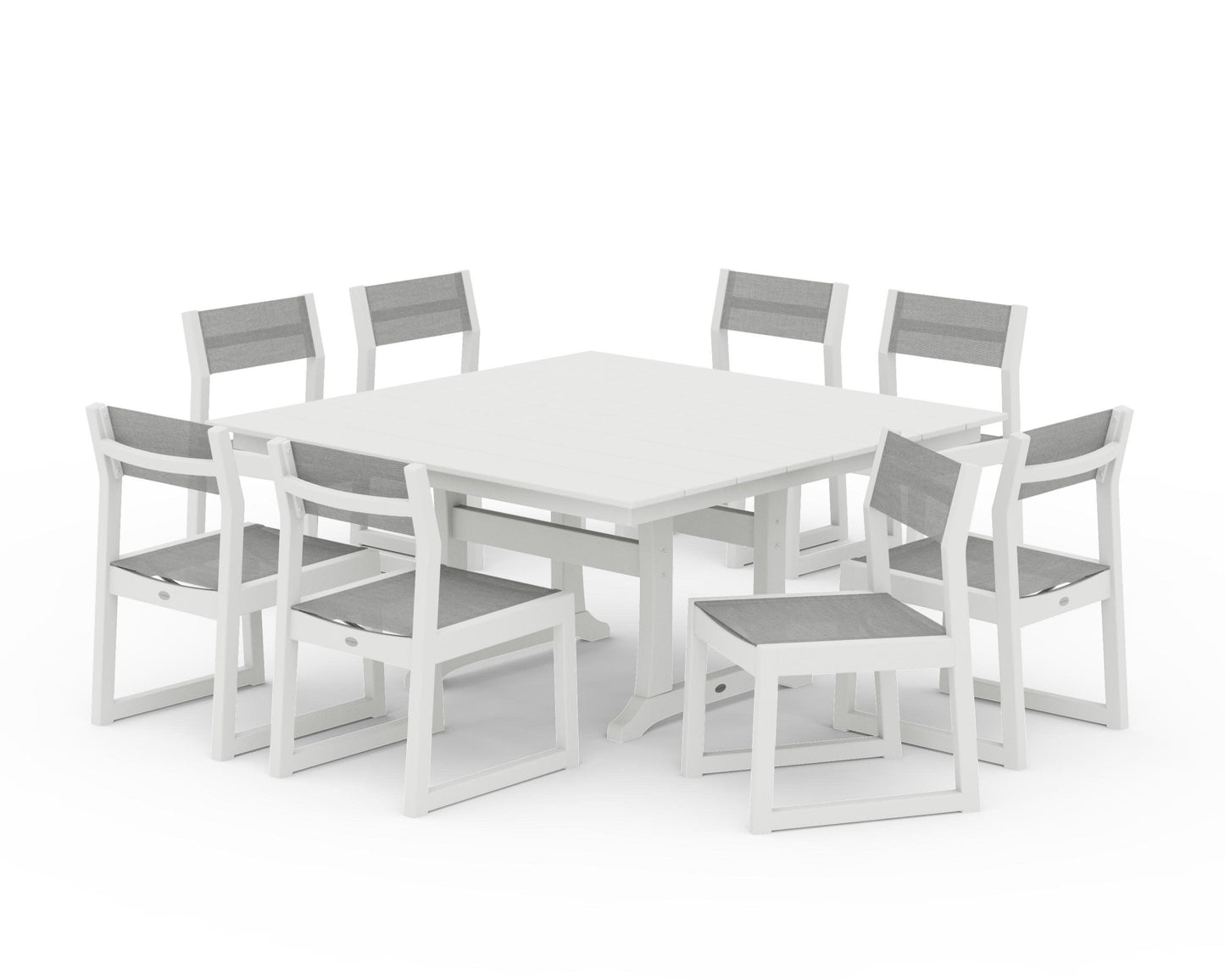POLYWOOD EDGE Sling Side Chair 9-Piece Farmhouse Trestle Dining Set — Vintage White / Metallic Sling