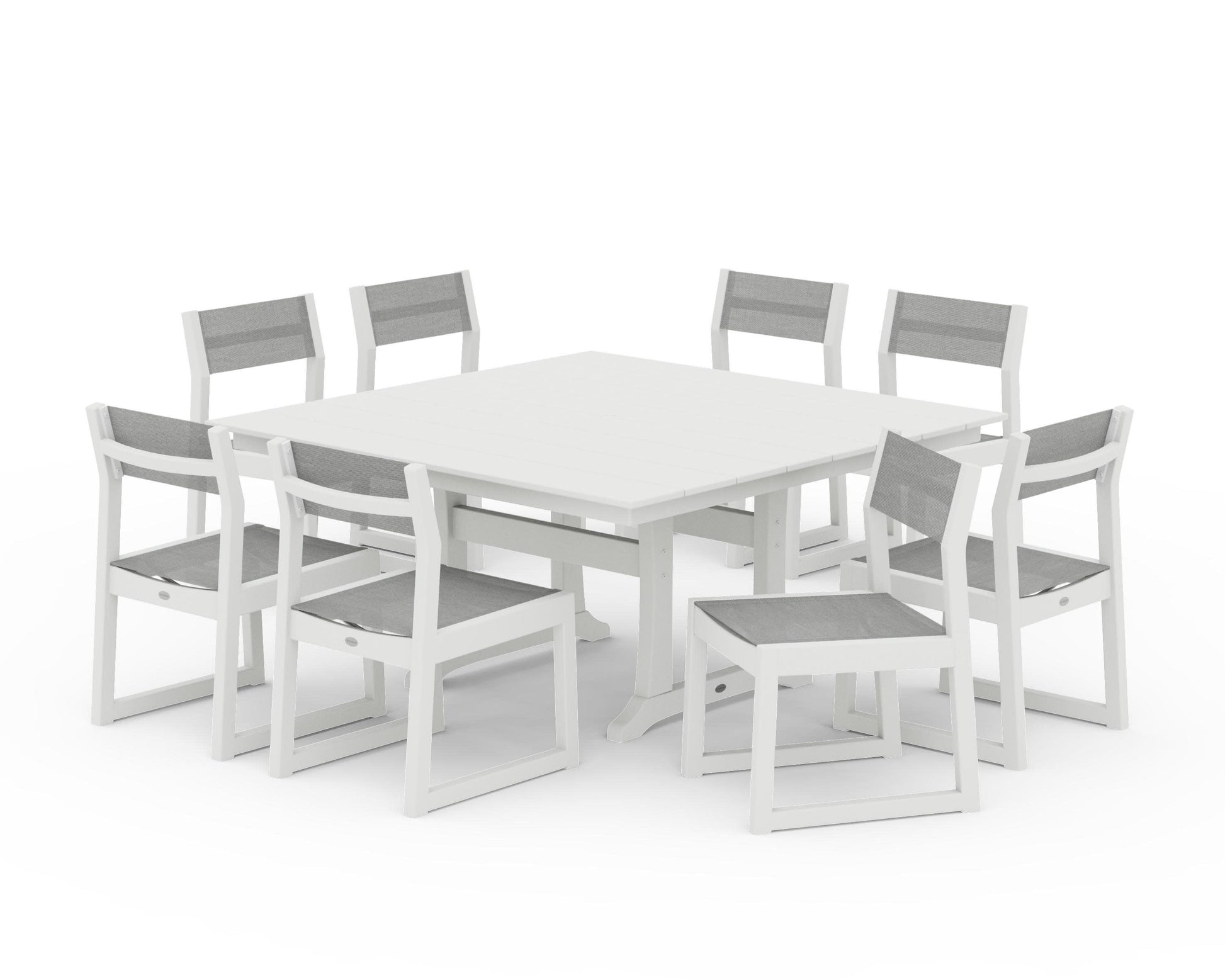POLYWOOD EDGE Sling Side Chair 9-Piece Farmhouse Trestle Dining Set — Vintage White / Metallic Sling