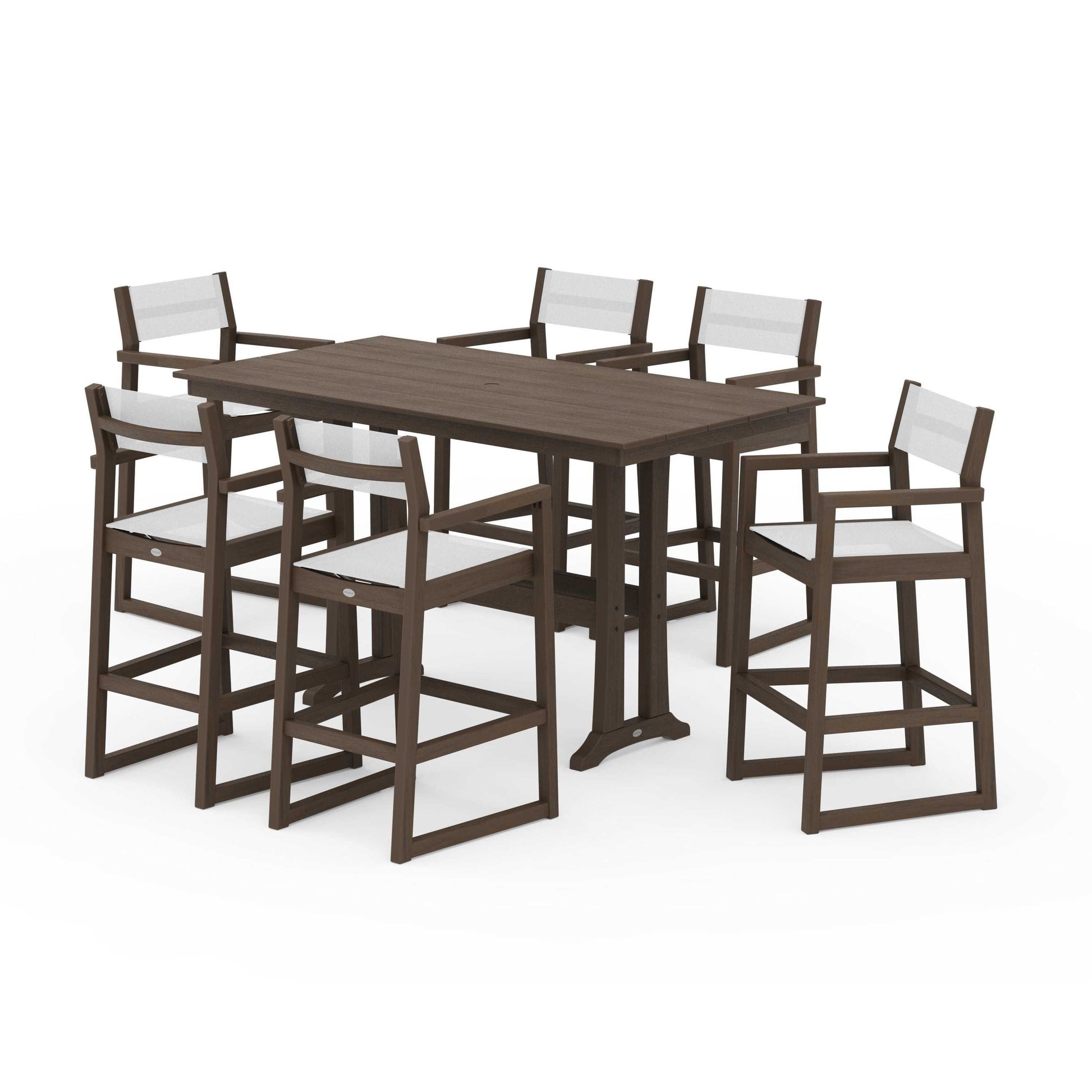 POLYWOOD EDGE Sling Arm Chair 7-Piece Farmhouse Bar Set with Trestle Legs — Kona / White Sling