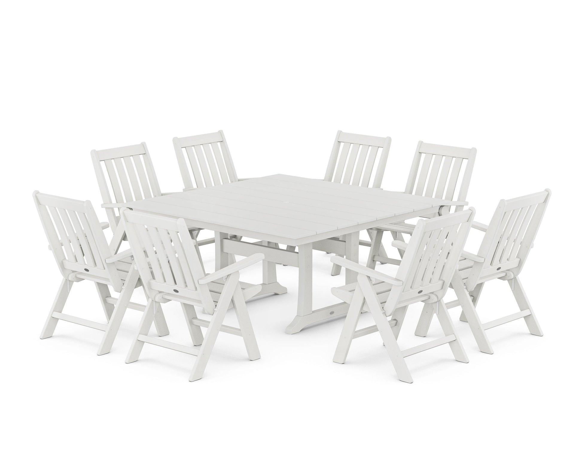 POLYWOOD Vineyard Folding Chair 9-Piece Square Farmhouse Dining Set with Trestle Legs — Vintage White