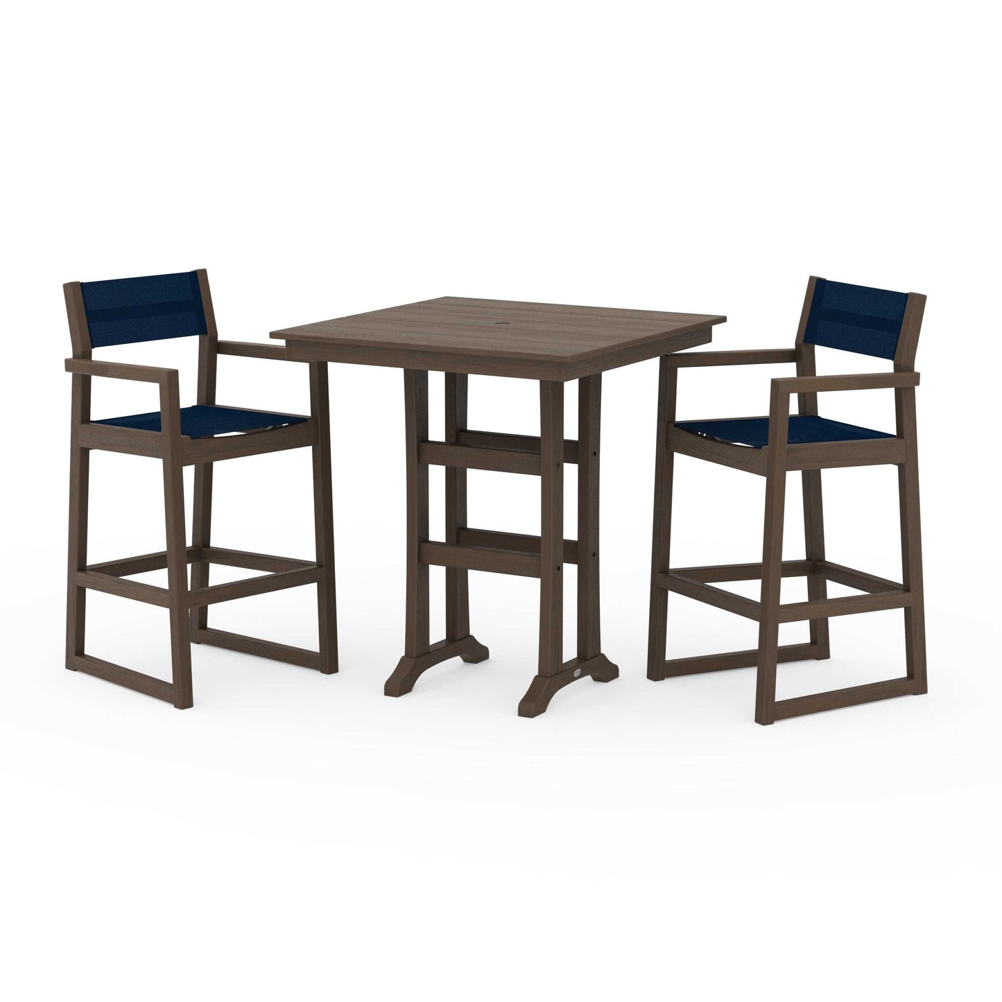 POLYWOOD EDGE Sling Arm Chair 3-Piece Farmhouse Bar Set with Trestle Legs — Kona / Navy Blue Sling