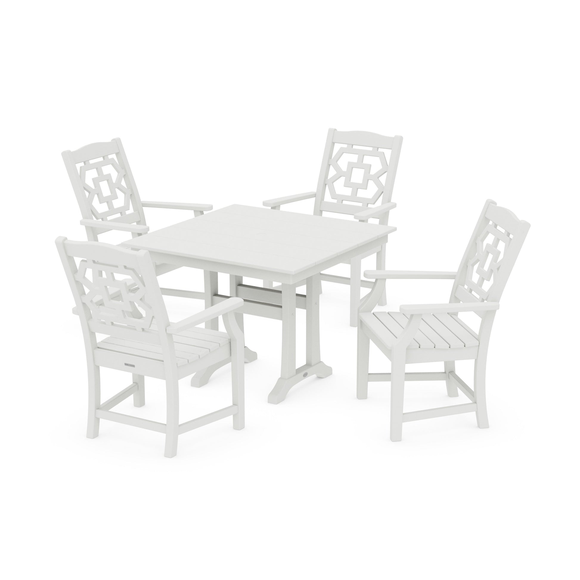 POLYWOOD Chinoiserie 5-Piece Farmhouse Dining Set with Trestle Legs — Vintage White