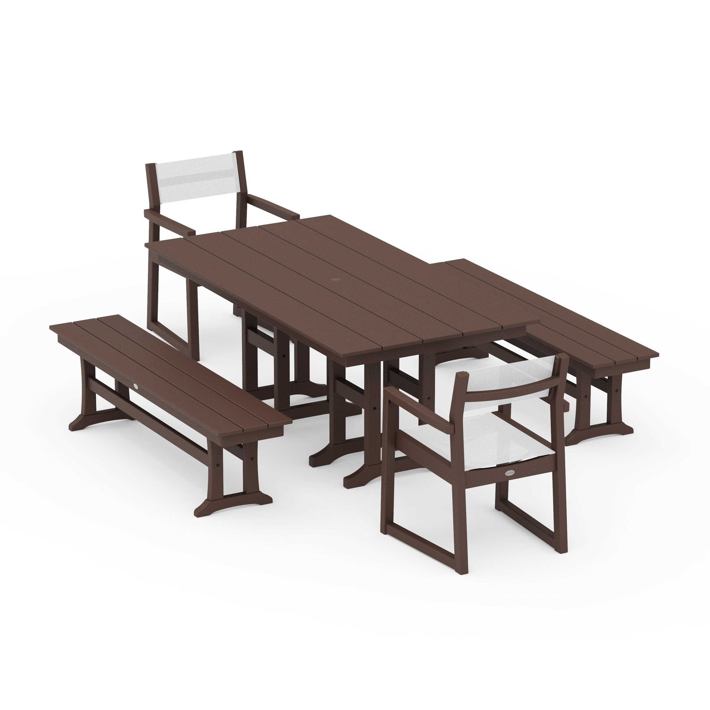 POLYWOOD EDGE Sling Arm Chair 5-Piece Farmhouse Dining Set with Benches — Mahogany / White Sling