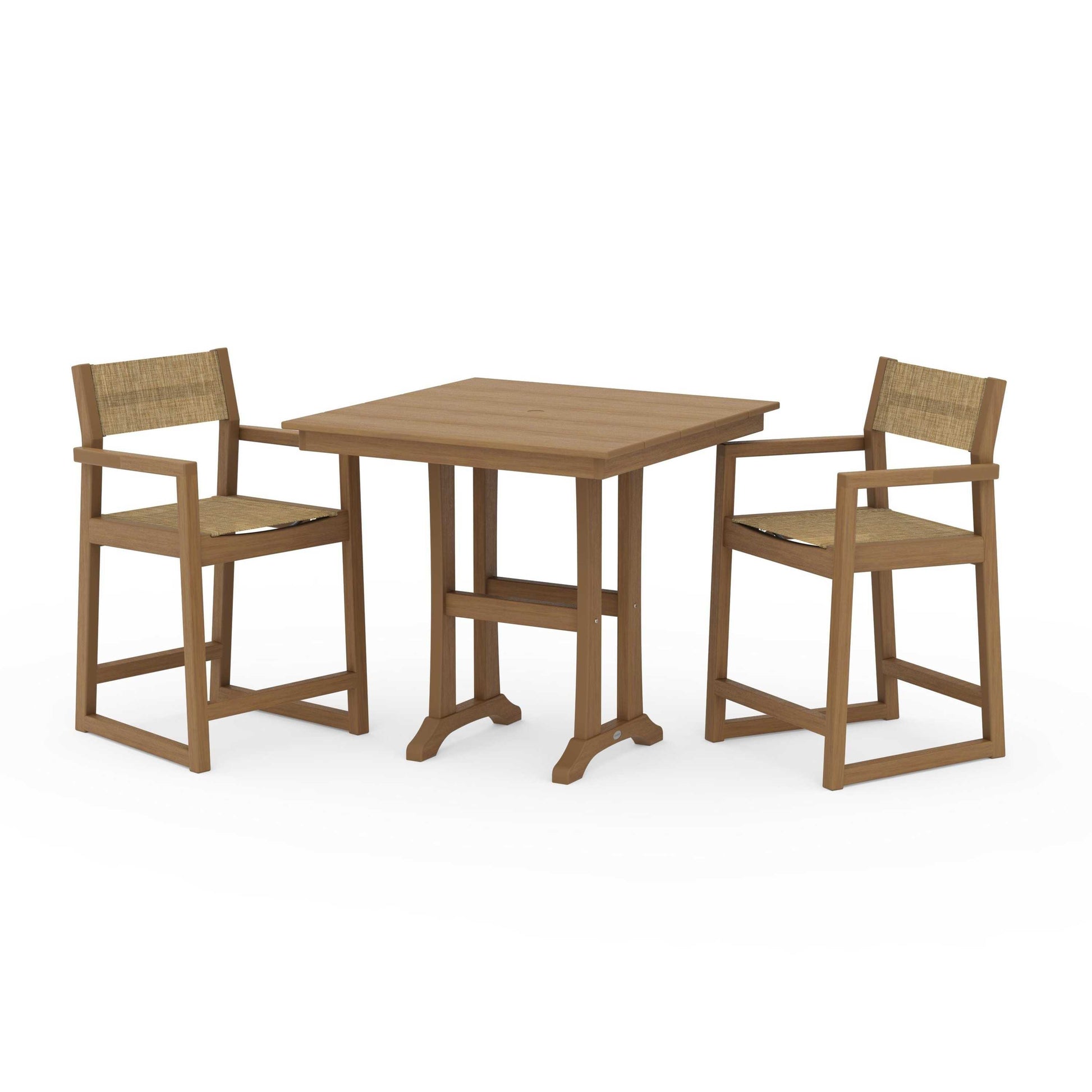 POLYWOOD EDGE Sling Arm Chair 3-Piece Farmhouse Counter Set with Trestle Legs — Natural / Burlap Sling