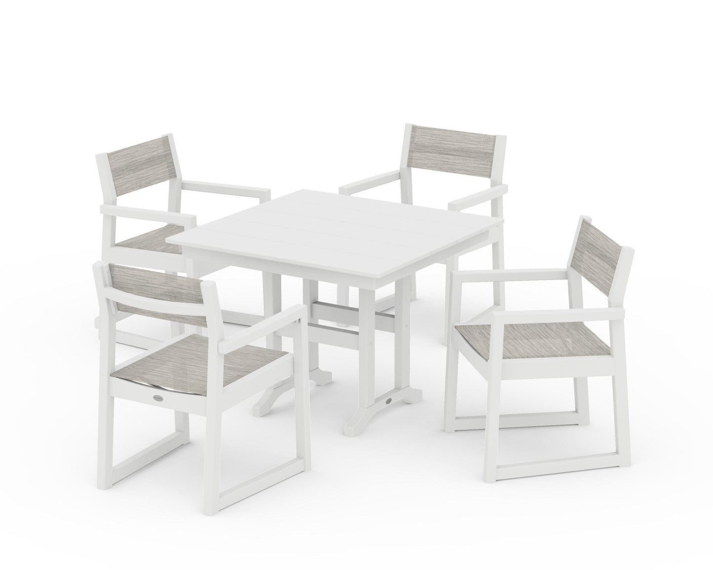 POLYWOOD EDGE Sling Arm Chair 5-Piece Farmhouse Dining Set — White / Birch Sling