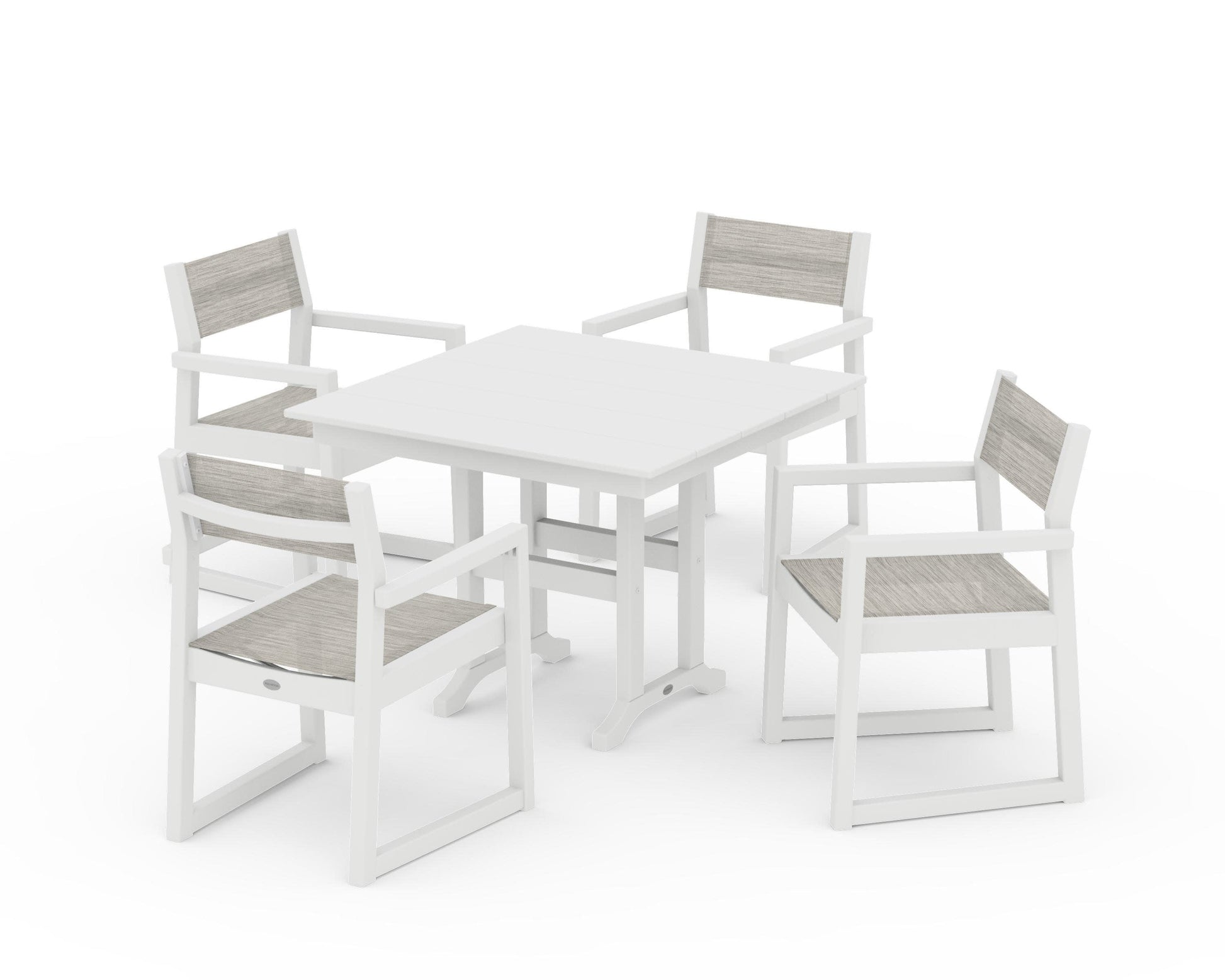 POLYWOOD EDGE Sling Arm Chair 5-Piece Farmhouse Dining Set — White / Birch Sling