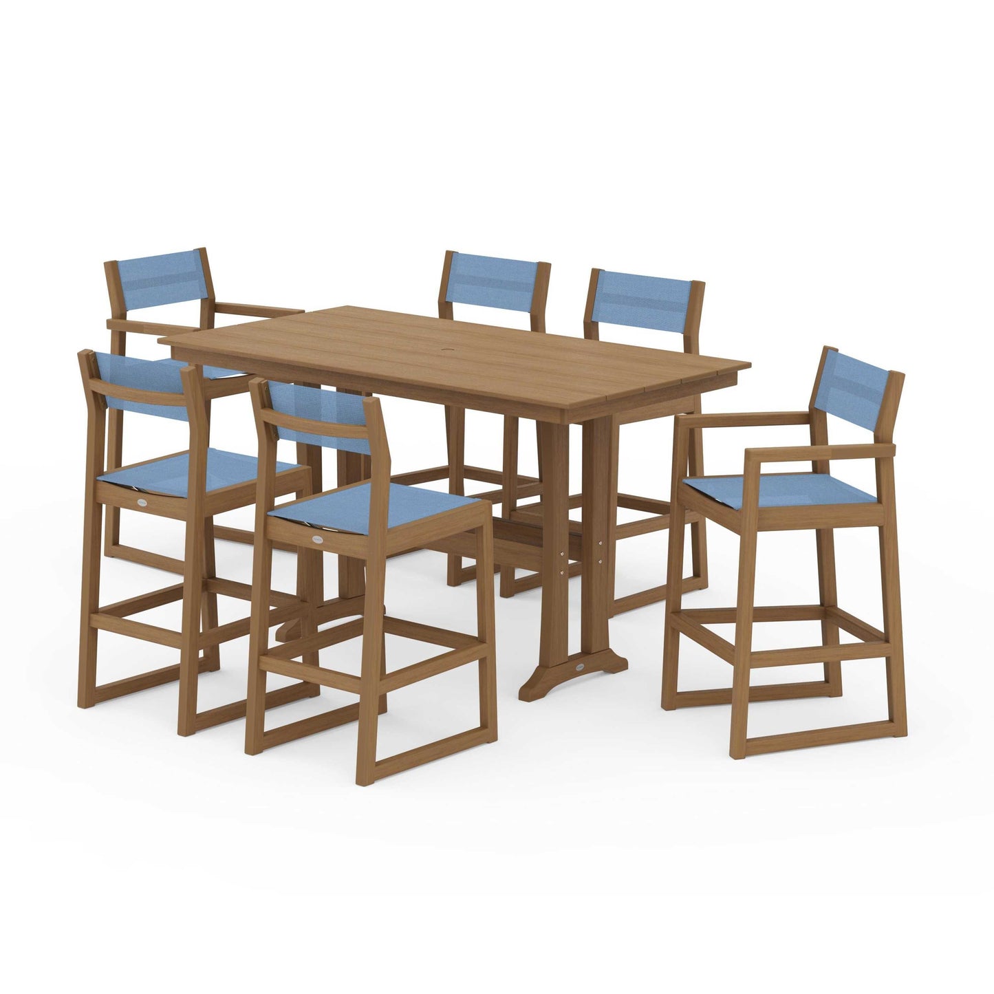 POLYWOOD EDGE Sling 7-Piece Farmhouse Bar Set with Trestle Legs — Natural / Poolside Sling