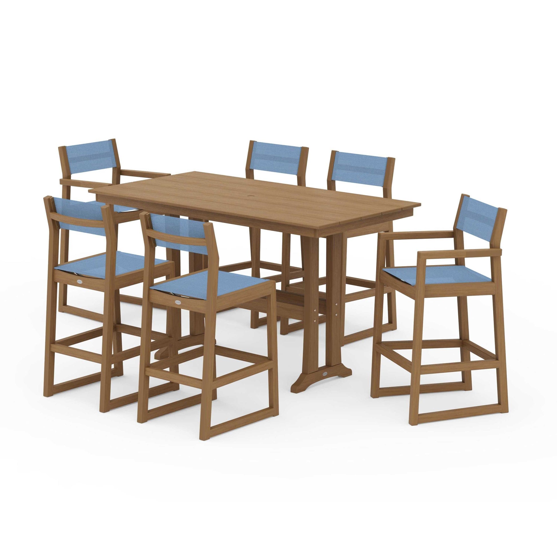 POLYWOOD EDGE Sling 7-Piece Farmhouse Bar Set with Trestle Legs — Natural / Poolside Sling