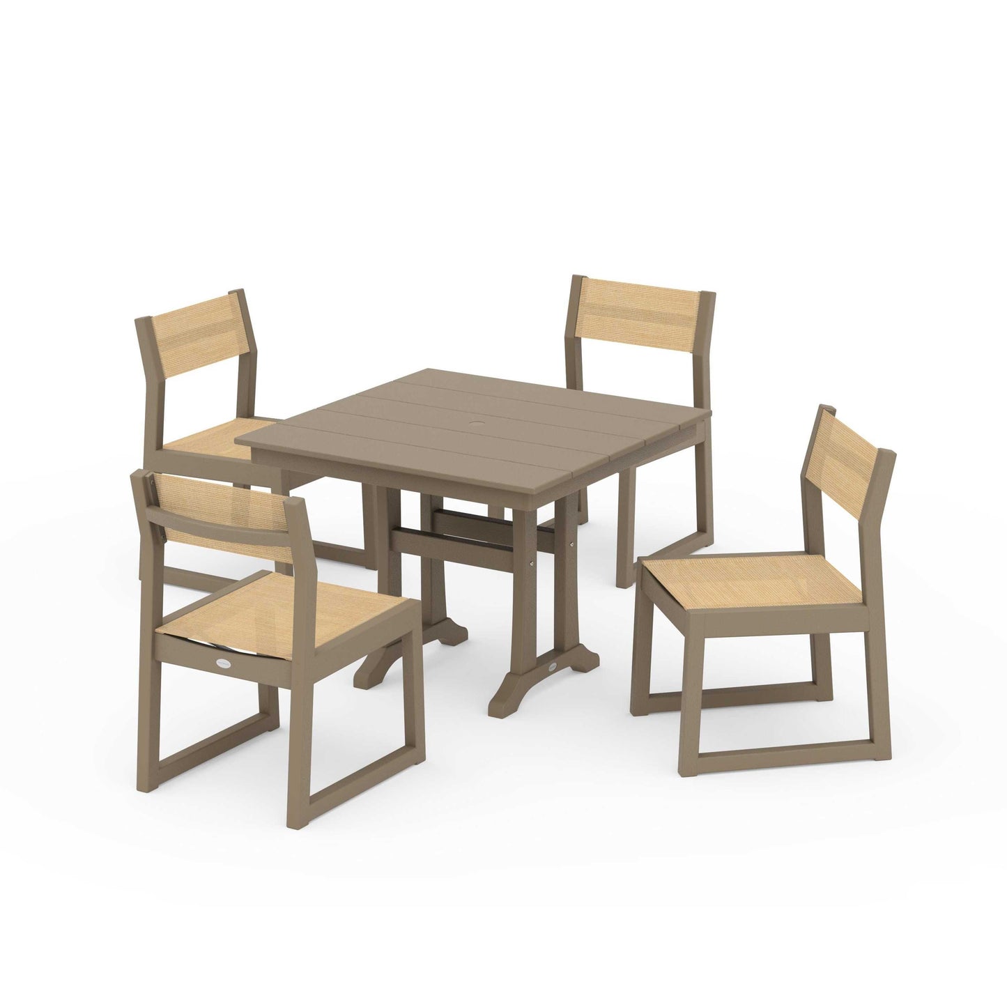 POLYWOOD EDGE Sling 5-Piece Farmhouse Trestle Side Chair Dining Set — Vintage Sahara / Dupioni Apricot Sling