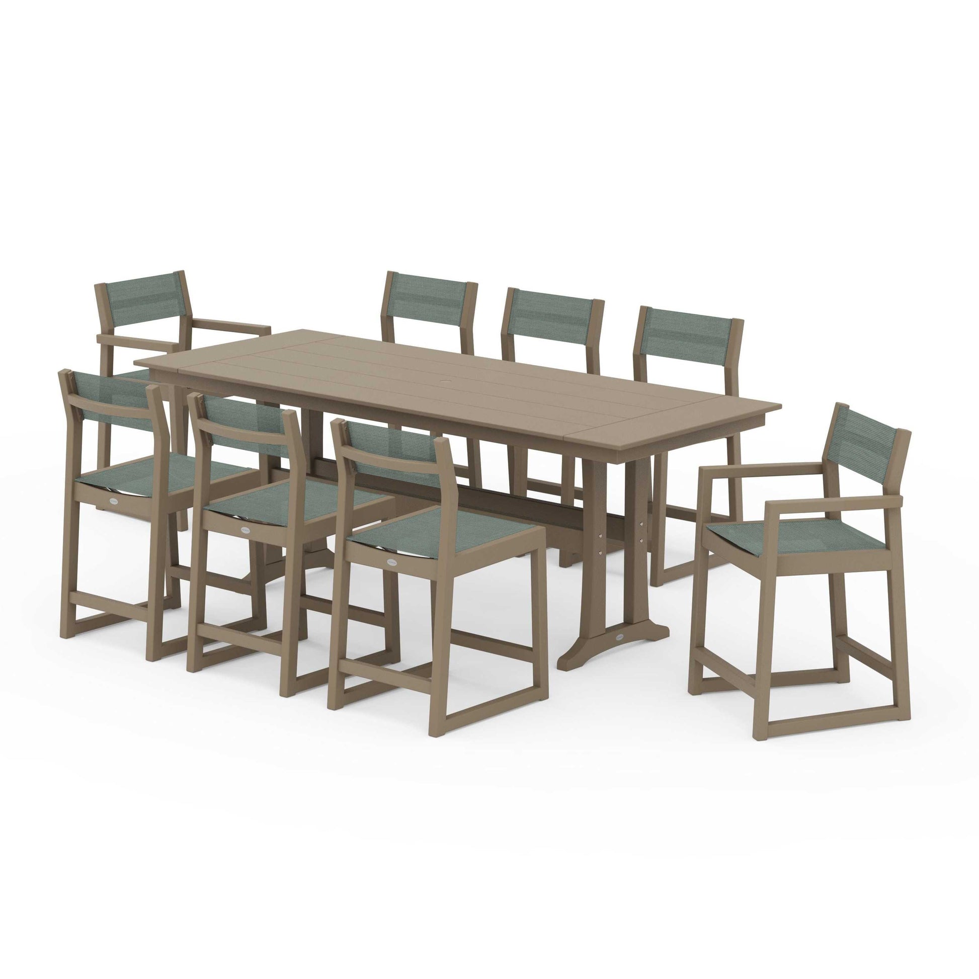 POLYWOOD EDGE Sling 9-Piece Farmhouse Counter Set with Trestle Legs — Vintage Sahara / Dupioni Sea Mist Sling