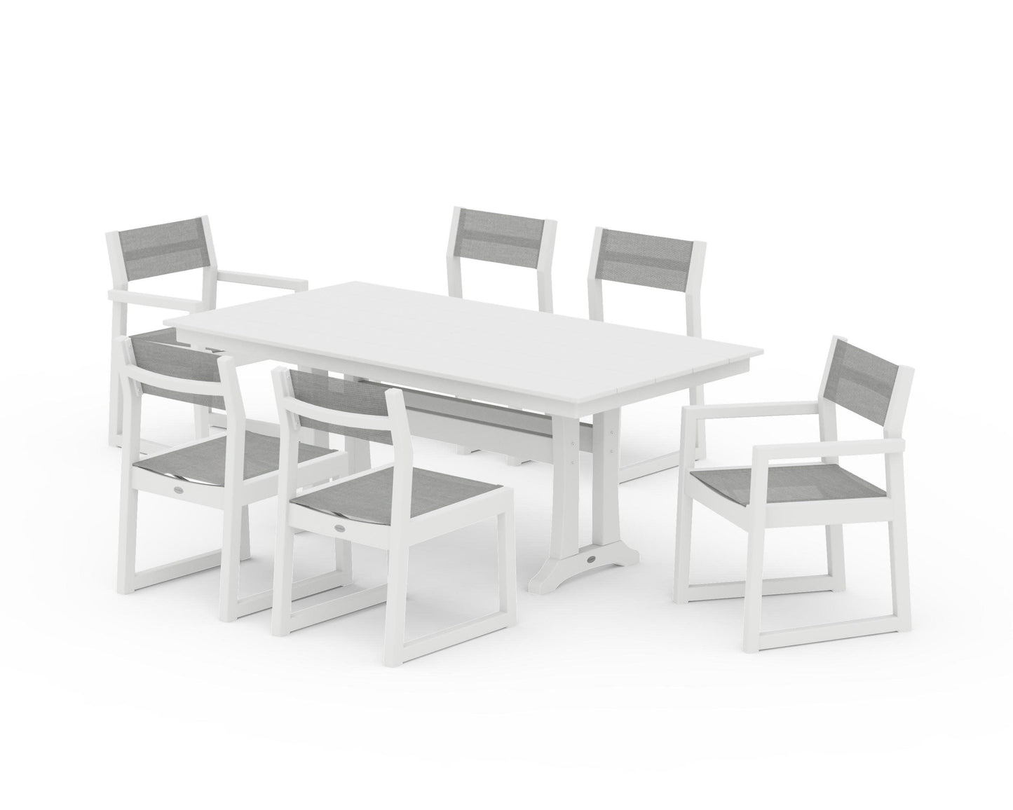 POLYWOOD EDGE Sling 7-Piece Farmhouse Trestle Dining Set — White / Metallic Sling