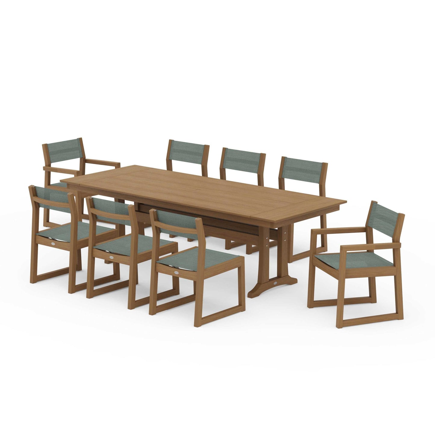 POLYWOOD EDGE Sling 9-Piece Farmhouse Trestle Dining Set — Natural / Dupioni Sea Mist Sling