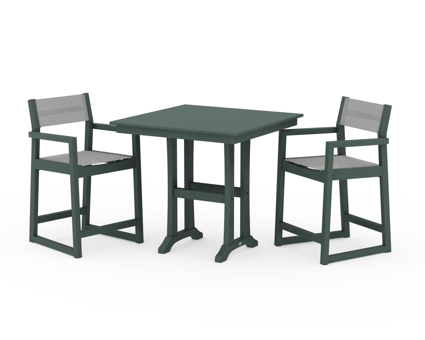 POLYWOOD EDGE Sling Arm Chair 3-Piece Farmhouse Counter Set with Trestle Legs — Green / Metallic Sling