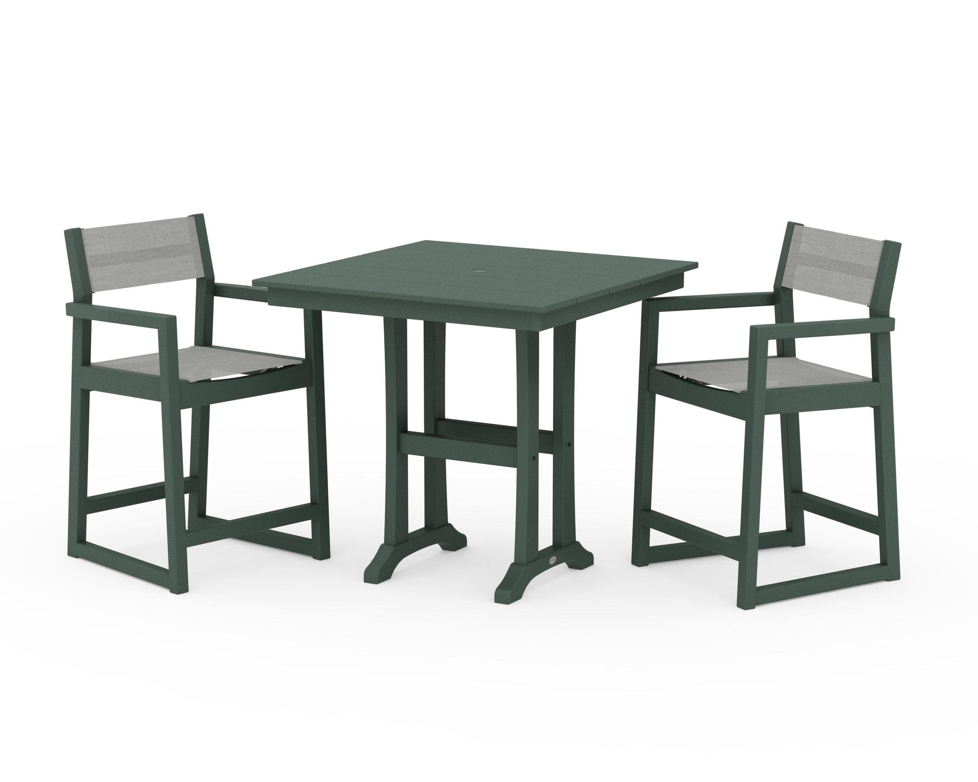 POLYWOOD EDGE Sling Arm Chair 3-Piece Farmhouse Counter Set with Trestle Legs — Green / Metallic Sling
