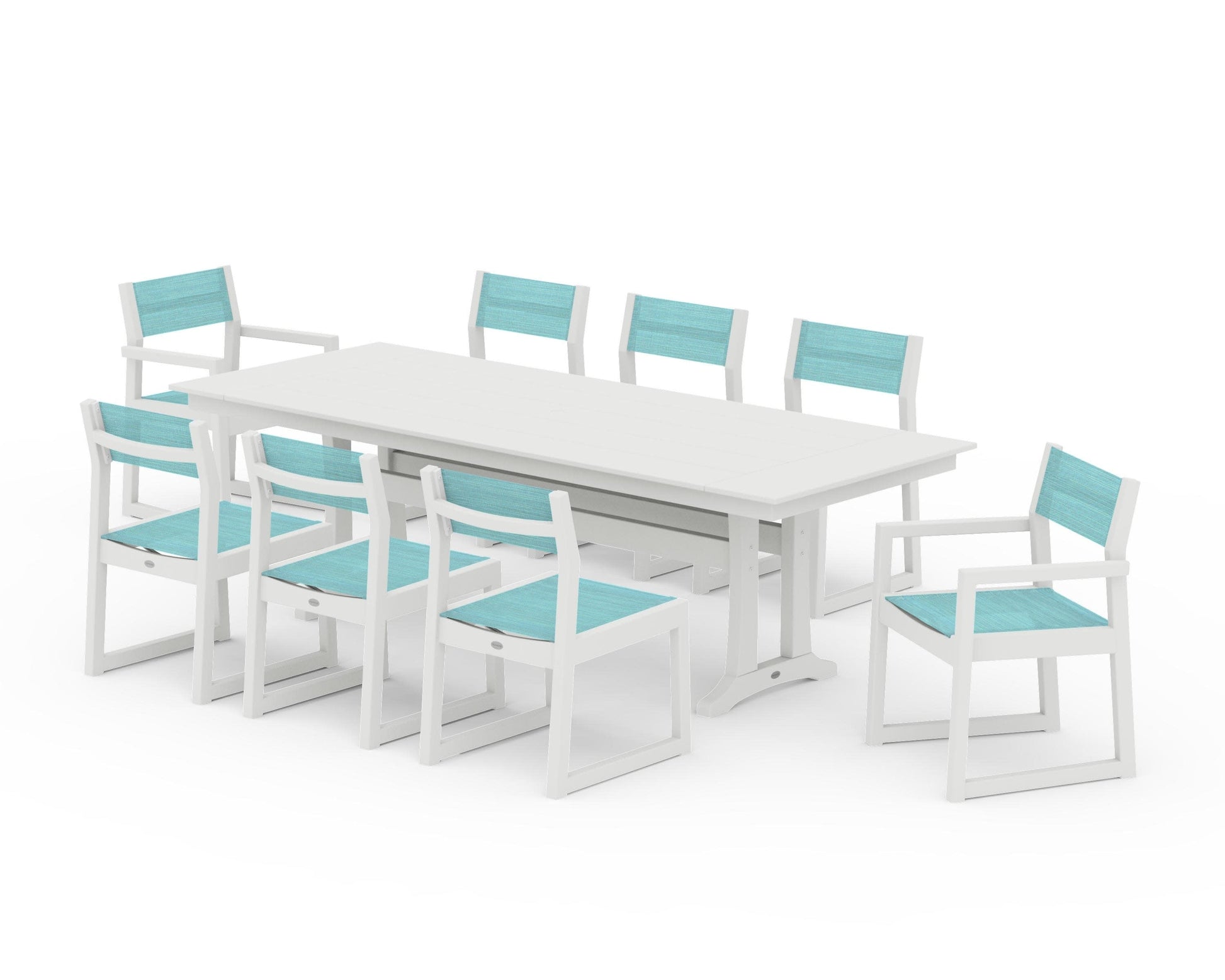 POLYWOOD EDGE Sling 9-Piece Farmhouse Trestle Dining Set — Vintage White / Dupioni Aquamarine Sling