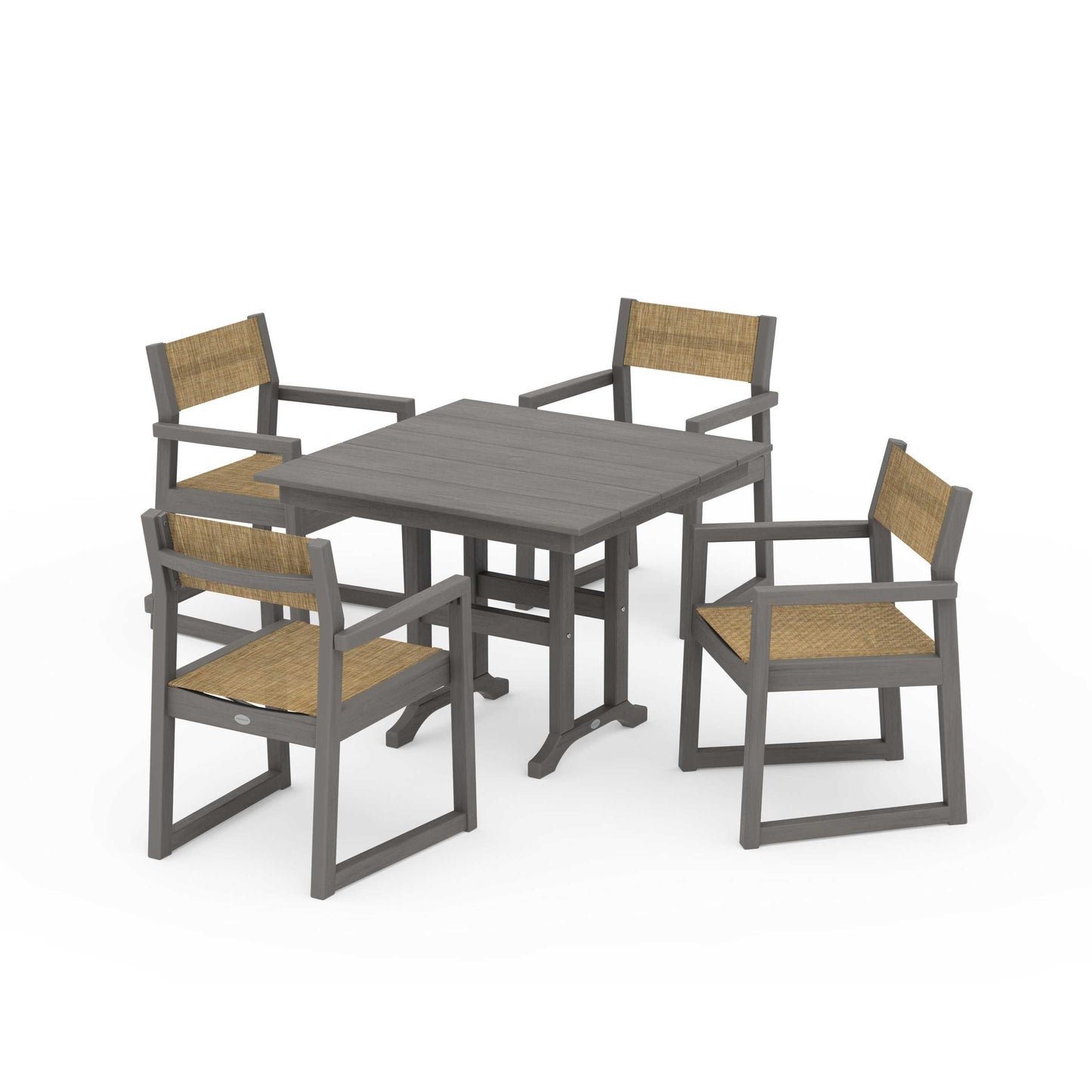POLYWOOD EDGE Sling Arm Chair 5-Piece Farmhouse Dining Set — Driftwood / Burlap Sling