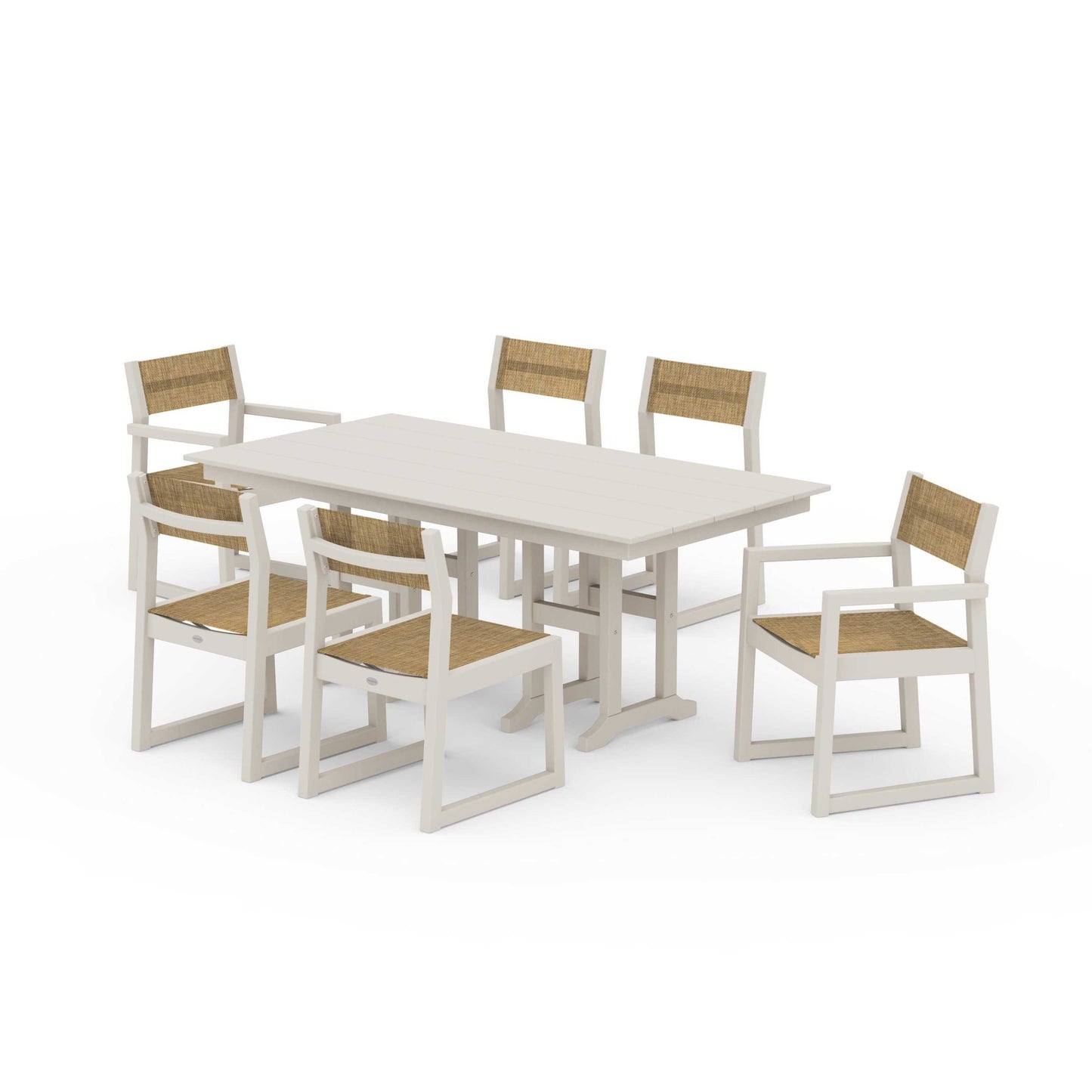 POLYWOOD EDGE Sling 7-Piece Farmhouse Dining Set — Sand / Burlap Sling