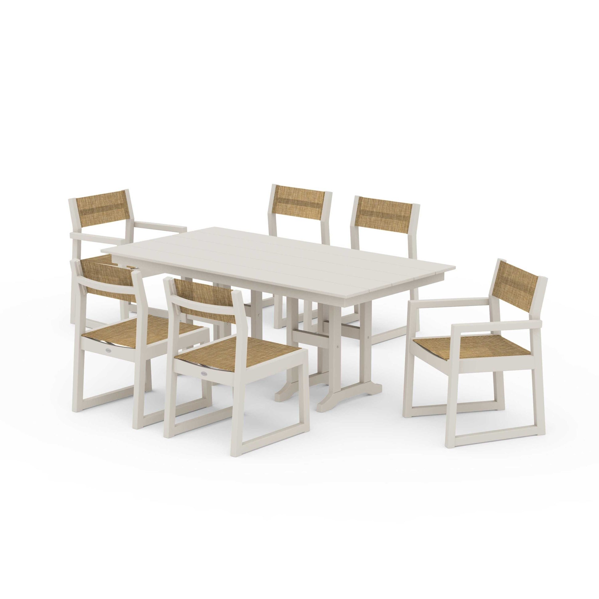 POLYWOOD EDGE Sling 7-Piece Farmhouse Dining Set — Sand / Burlap Sling