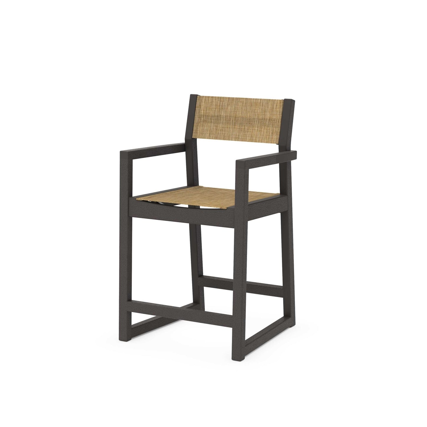 POLYWOOD EDGE Sling Counter Arm Chair — Vintage Coffee / Burlap Sling