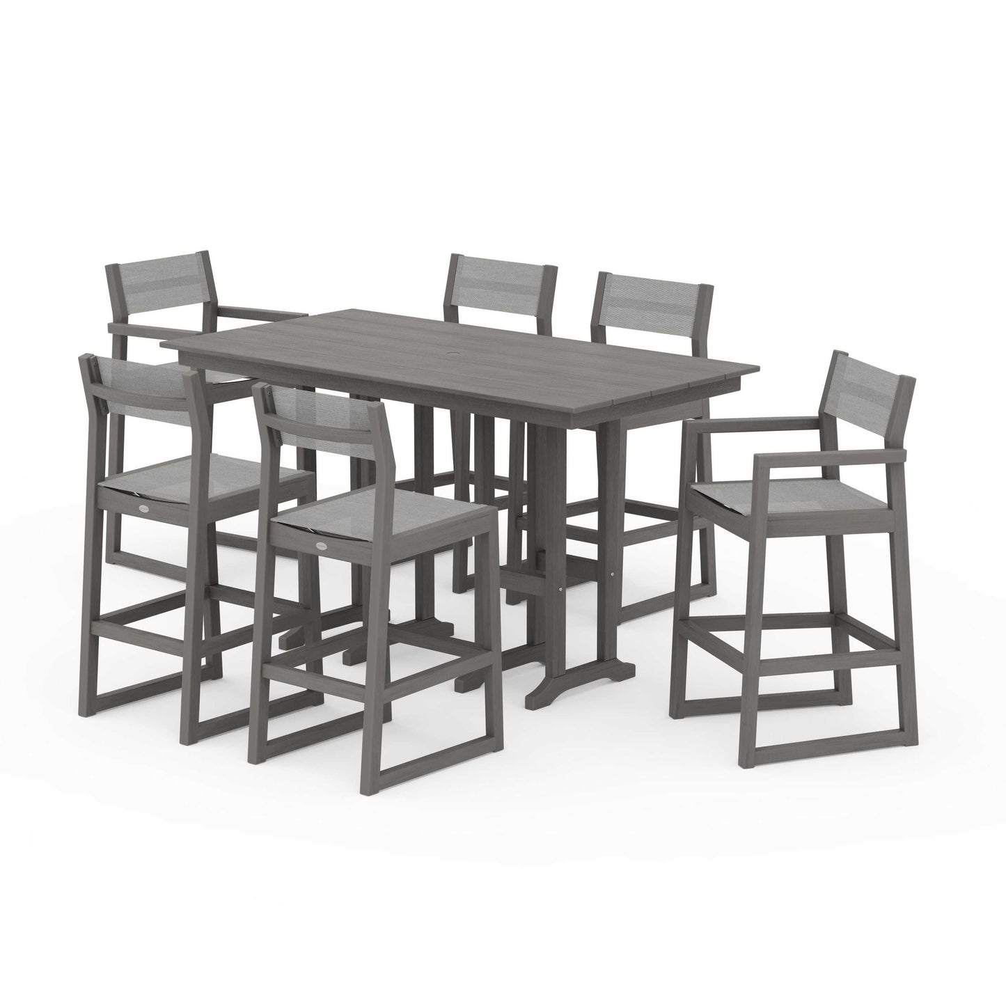 POLYWOOD EDGE Sling 7-Piece Farmhouse Bar Set — Driftwood / Metallic Sling