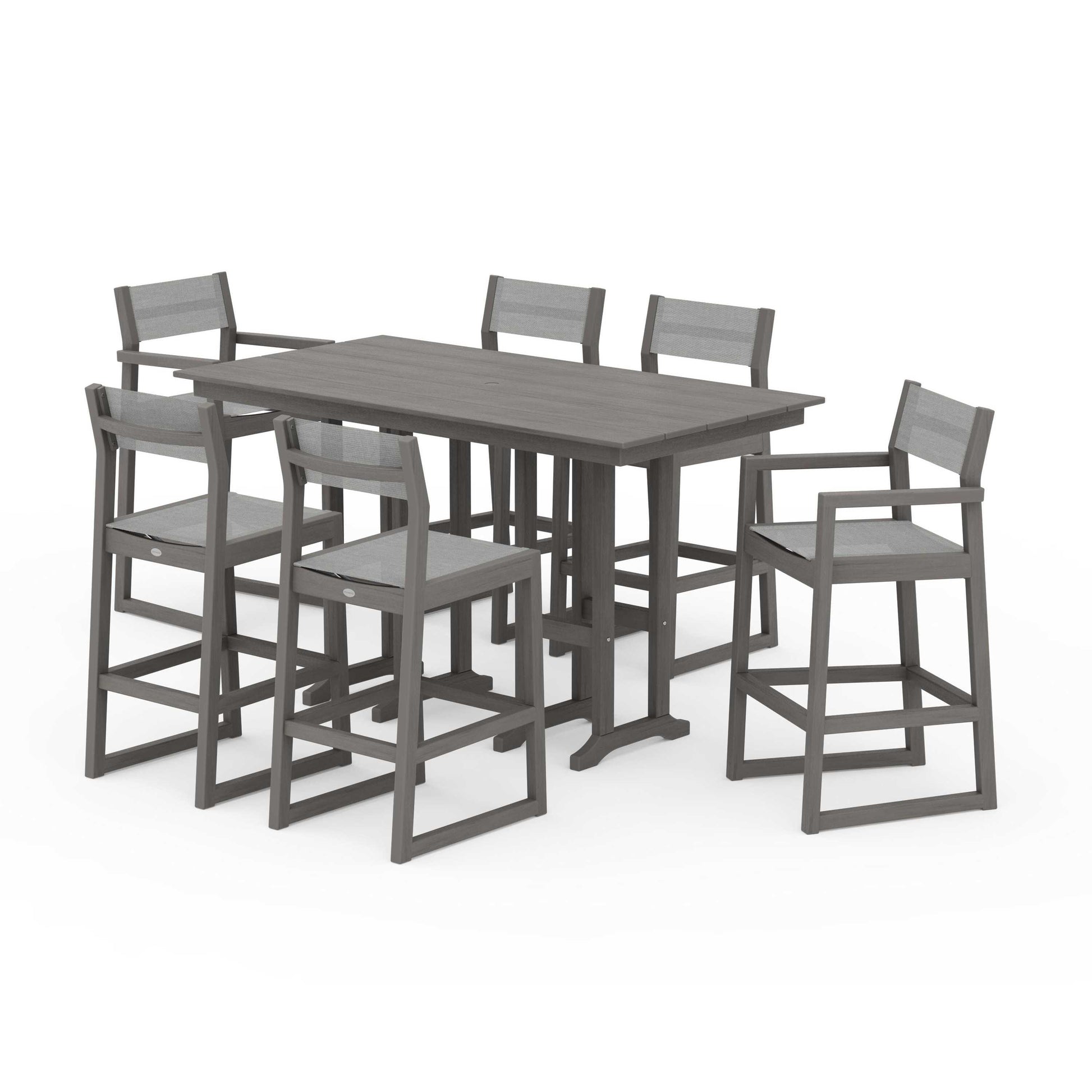 POLYWOOD EDGE Sling 7-Piece Farmhouse Bar Set — Driftwood / Metallic Sling