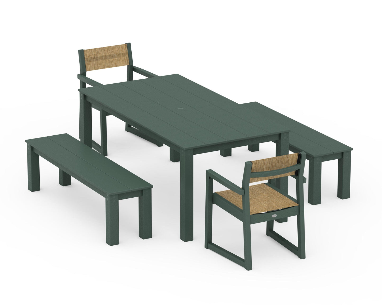 POLYWOOD EDGE Sling Arm Chair 5-Piece Parsons Dining Set with Benches — Green / Burlap Sling