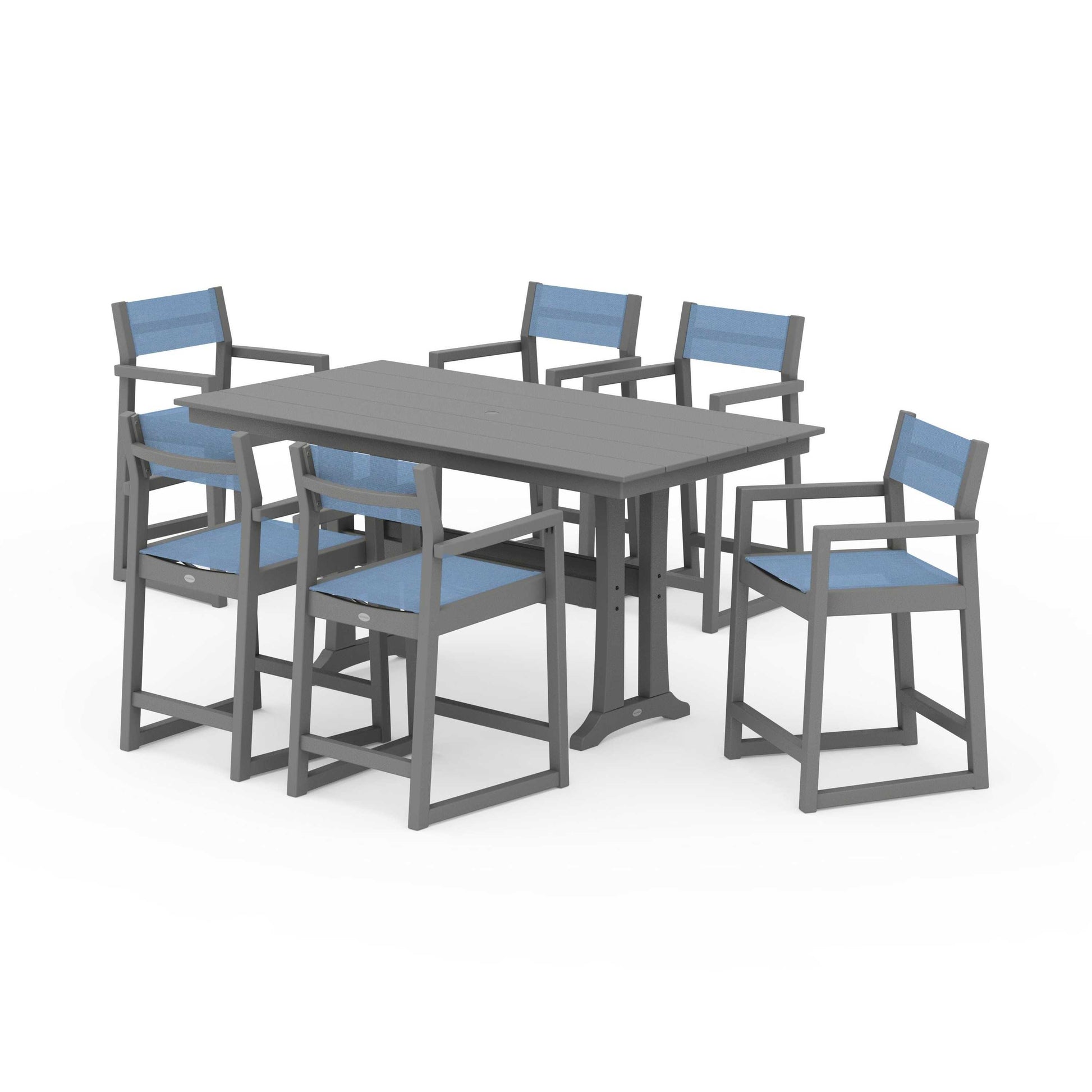POLYWOOD EDGE Sling Arm Chair 7-Piece Farmhouse Counter Set with Trestle Legs — Slate Grey / Poolside Sling