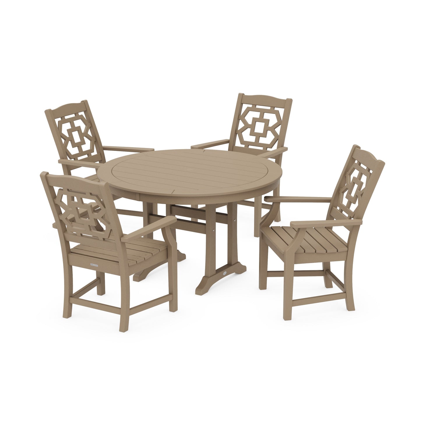 POLYWOOD Chinoiserie 5-Piece Round Dining Set with Trestle Legs — Vintage Sahara