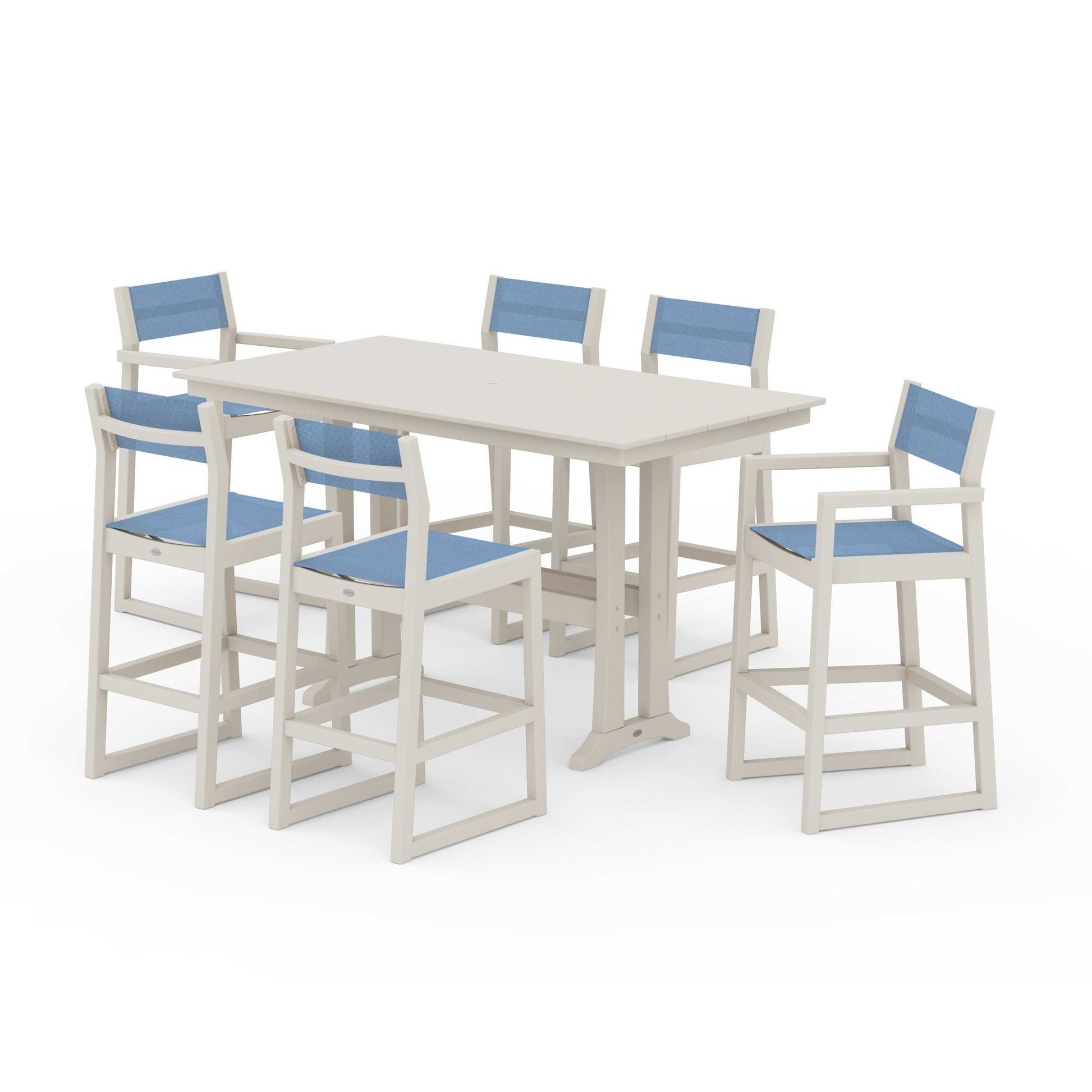 POLYWOOD EDGE Sling 7-Piece Farmhouse Bar Set with Trestle Legs — Sand / Poolside Sling