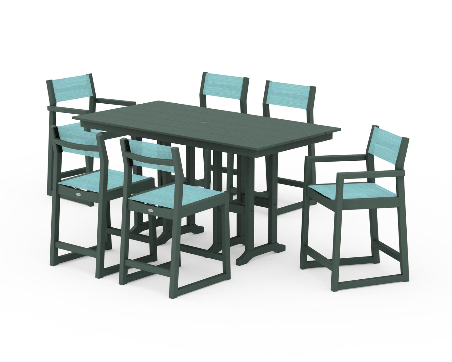 POLYWOOD EDGE Sling 7-Piece Farmhouse Counter Set with Trestle Legs — Green / Dupioni Aquamarine Sling