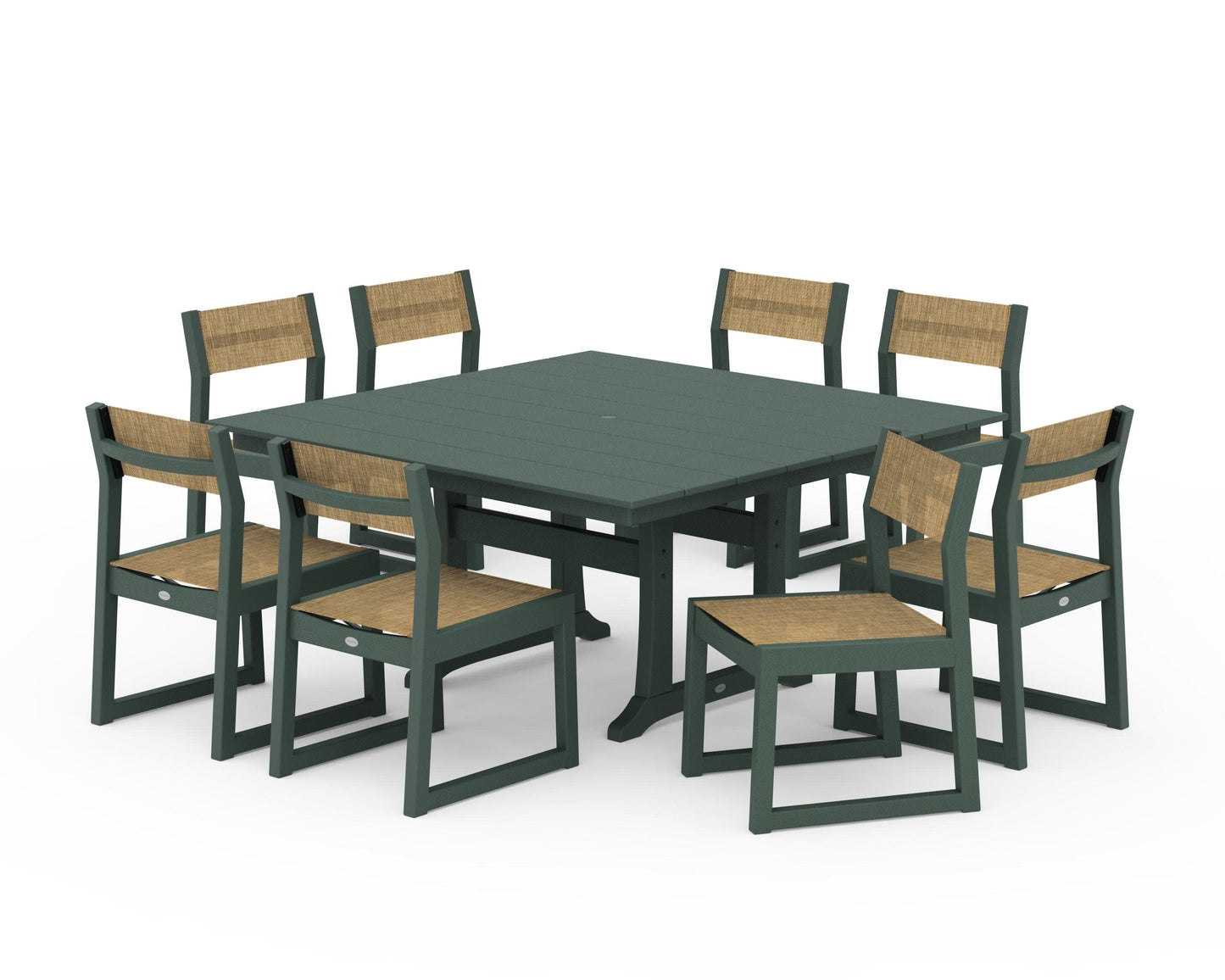 POLYWOOD EDGE Sling Side Chair 9-Piece Farmhouse Trestle Dining Set — Green / Burlap Sling