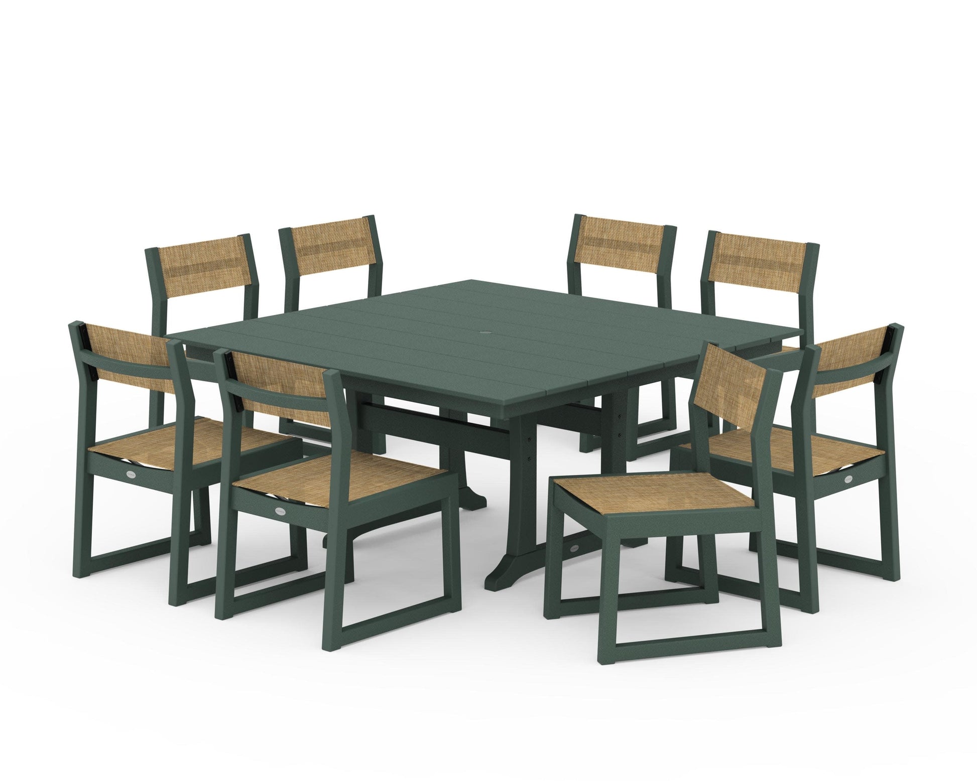 POLYWOOD EDGE Sling Side Chair 9-Piece Farmhouse Trestle Dining Set — Green / Burlap Sling