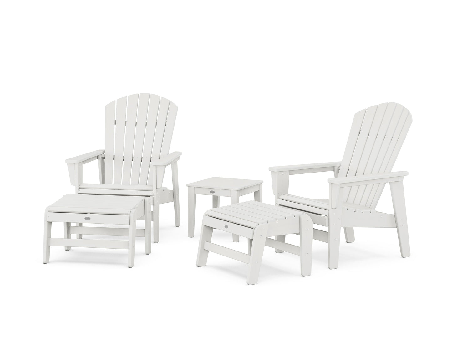 POLYWOOD 5-Piece Nautical Grand Upright Adirondack Set with Ottomans and Side Table — Vintage White