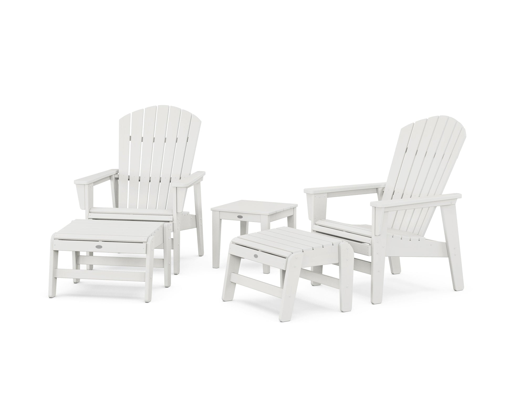POLYWOOD 5-Piece Nautical Grand Upright Adirondack Set with Ottomans and Side Table — Vintage White