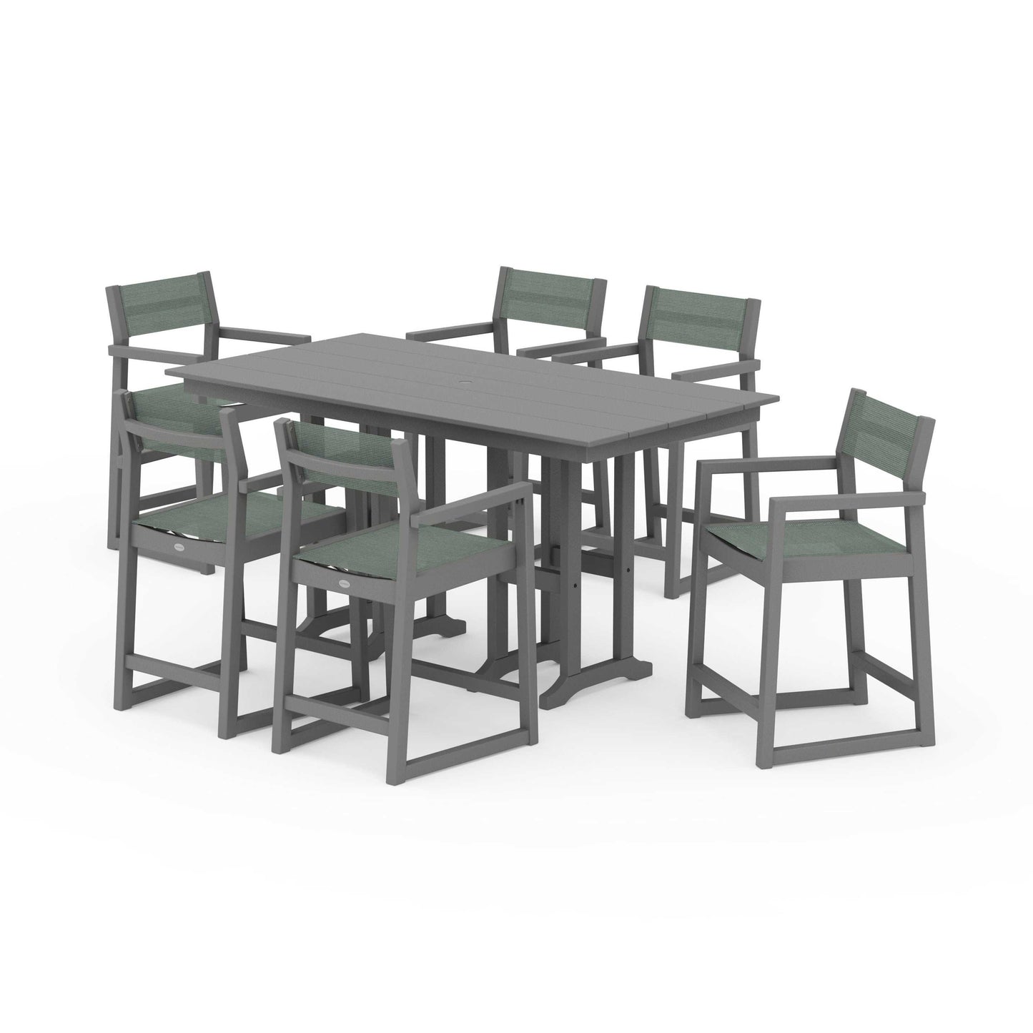 POLYWOOD EDGE Sling Arm Chair 7-Piece Farmhouse Counter Set — Slate Grey / Dupioni Sea Mist Sling