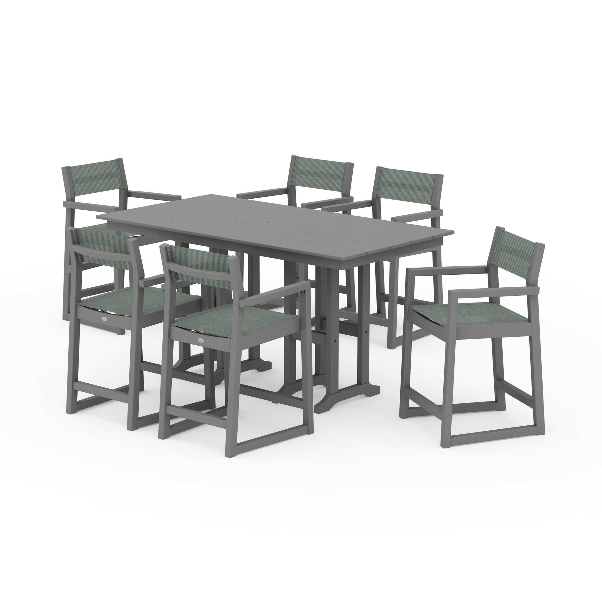 POLYWOOD EDGE Sling Arm Chair 7-Piece Farmhouse Counter Set — Slate Grey / Dupioni Sea Mist Sling