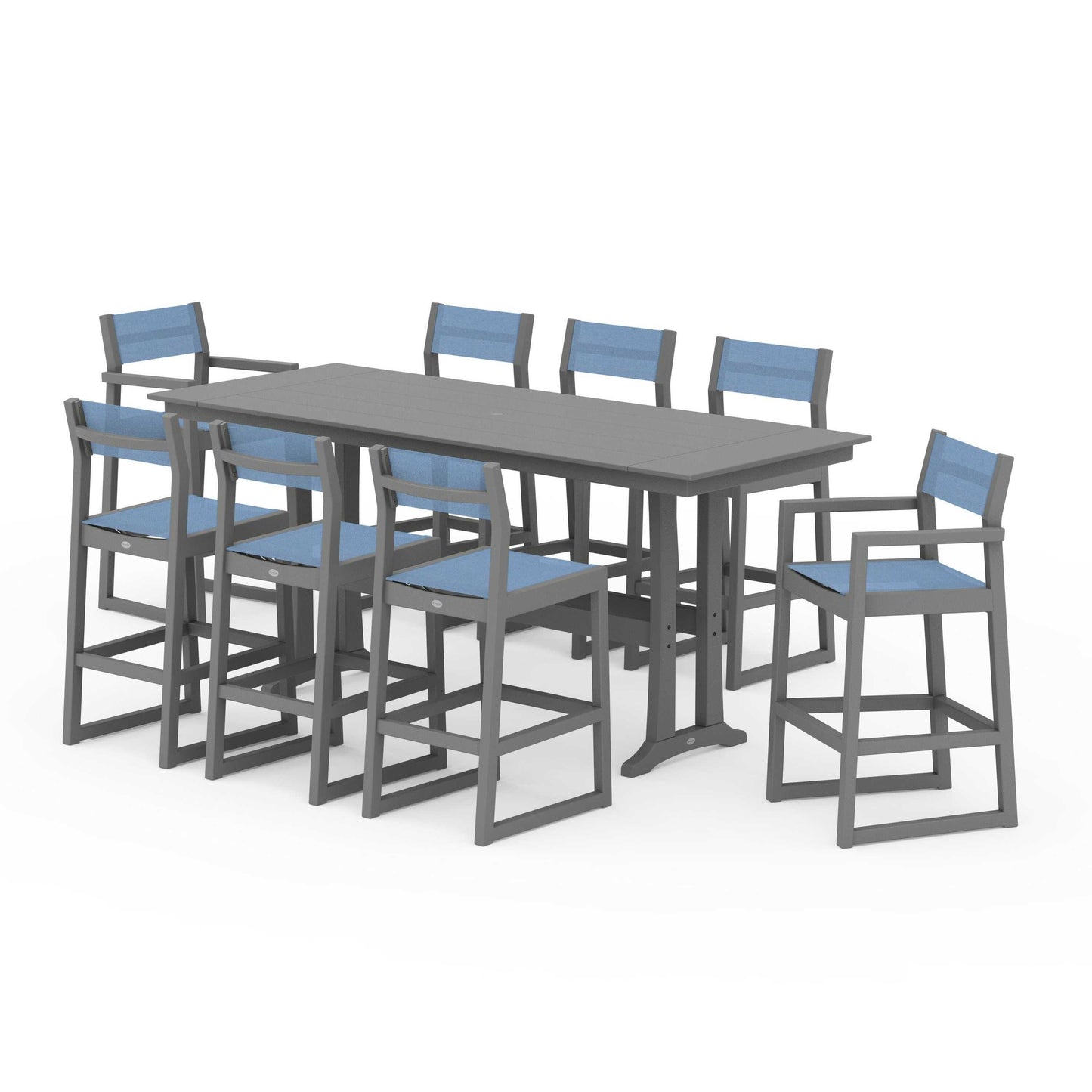 POLYWOOD EDGE Sling 9-Piece Farmhouse Bar Set with Trestle Legs — Slate Grey / Poolside Sling