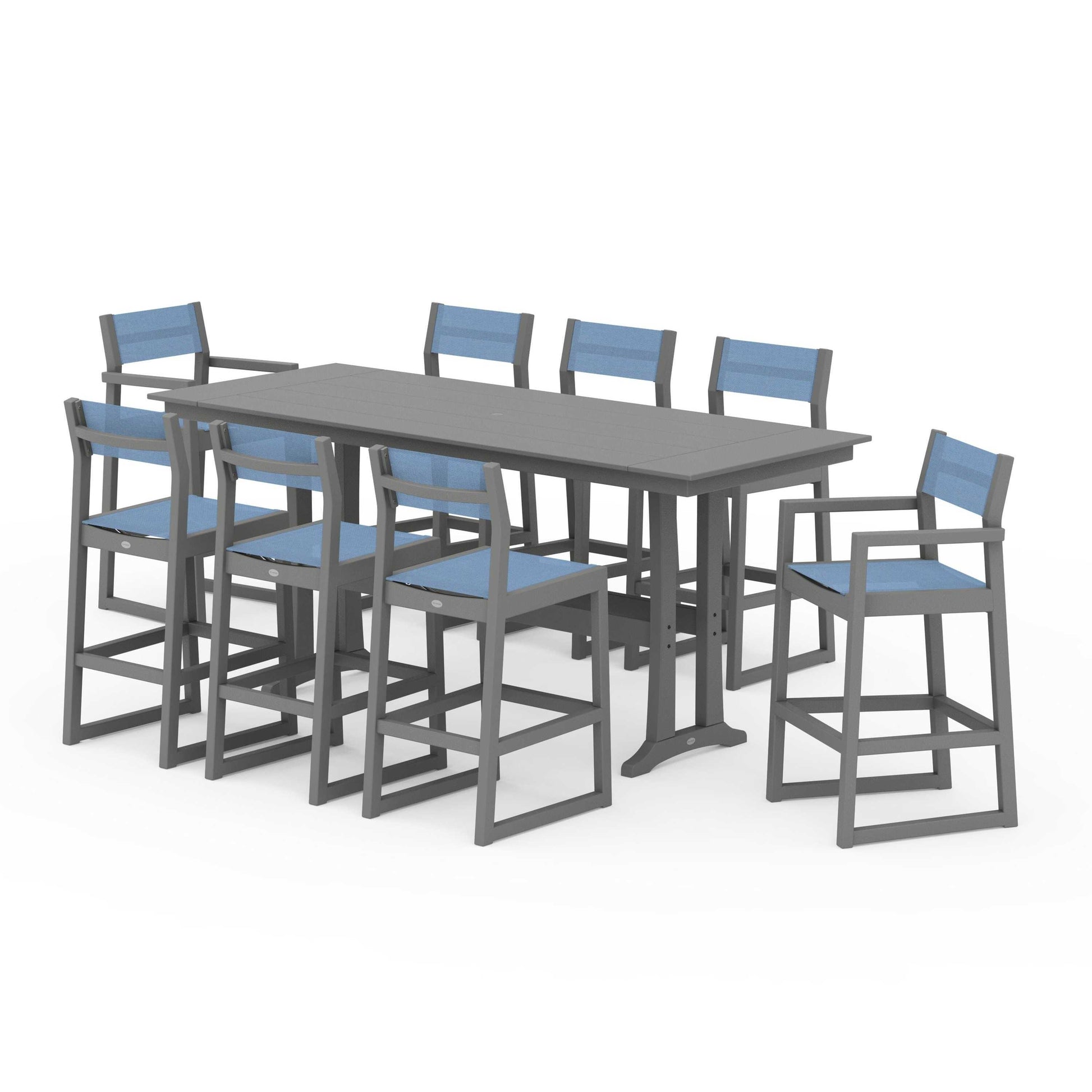 POLYWOOD EDGE Sling 9-Piece Farmhouse Bar Set with Trestle Legs — Slate Grey / Poolside Sling