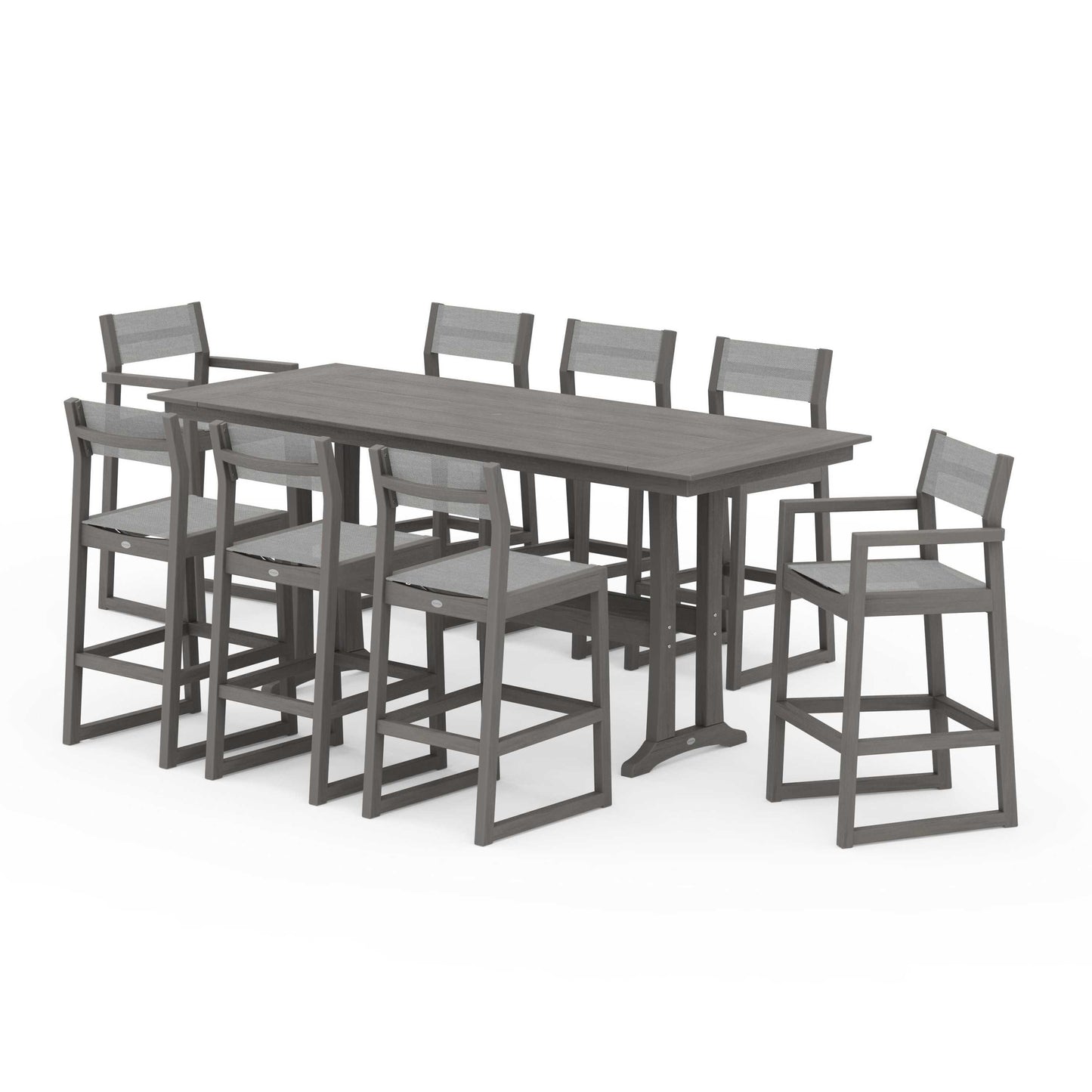 POLYWOOD EDGE Sling 9-Piece Farmhouse Bar Set with Trestle Legs — Driftwood / Metallic Sling