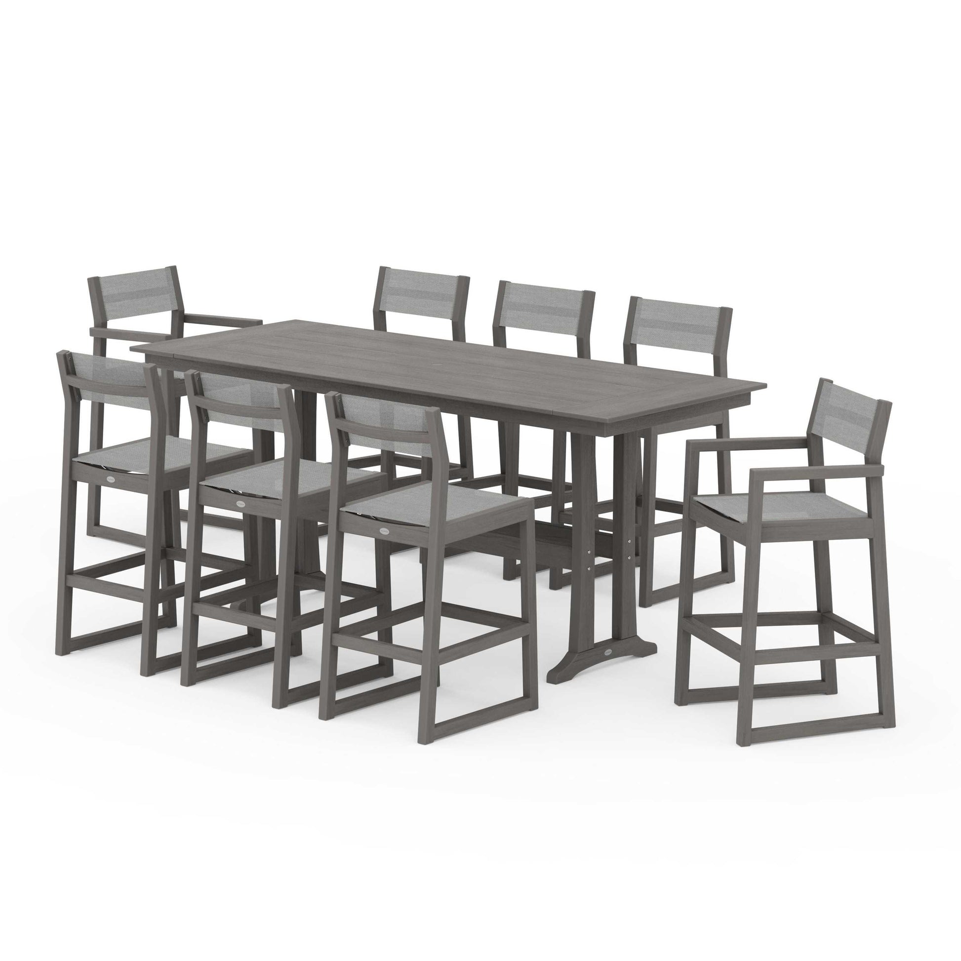 POLYWOOD EDGE Sling 9-Piece Farmhouse Bar Set with Trestle Legs — Driftwood / Metallic Sling