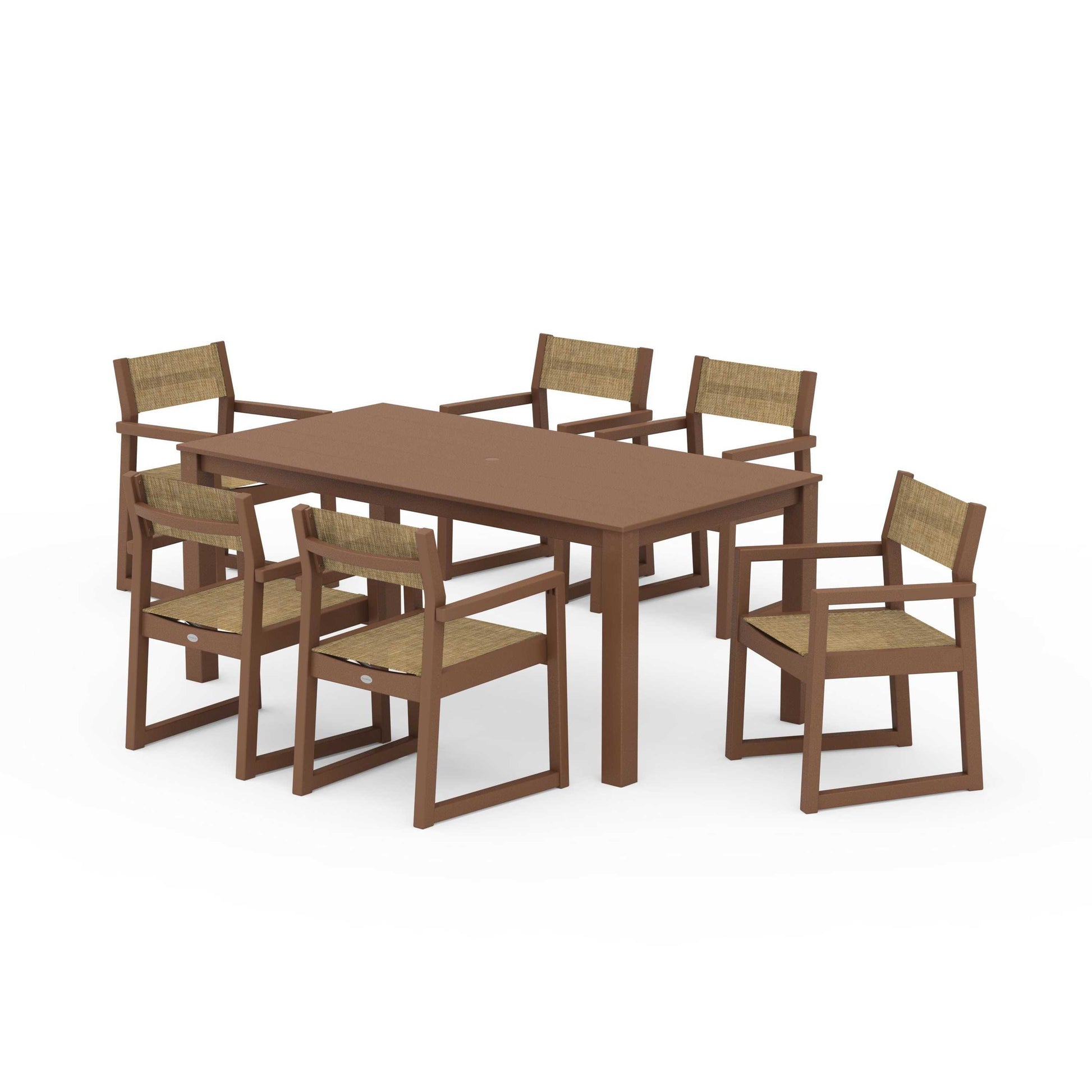 POLYWOOD EDGE Sling Arm Chair 7-Piece Parsons Dining Set — Teak / Burlap Sling