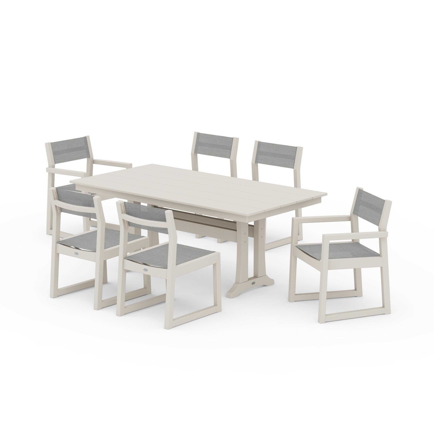 POLYWOOD EDGE Sling 7-Piece Farmhouse Trestle Dining Set — Sand / Metallic Sling