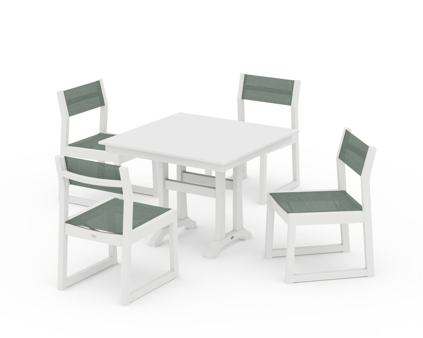 POLYWOOD EDGE Sling 5-Piece Farmhouse Trestle Side Chair Dining Set — White / Dupioni Sea Mist Sling