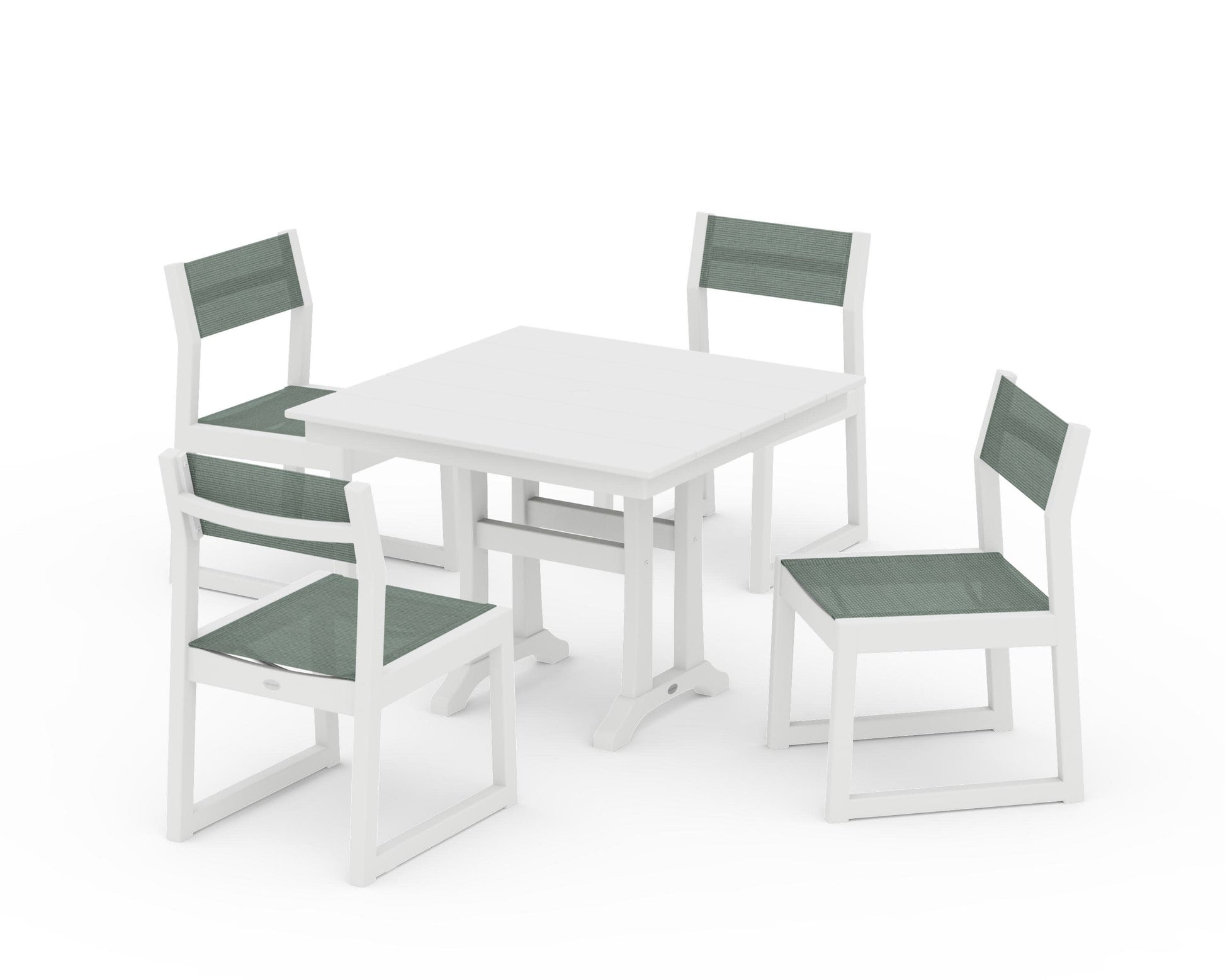 POLYWOOD EDGE Sling 5-Piece Farmhouse Trestle Side Chair Dining Set — White / Dupioni Sea Mist Sling