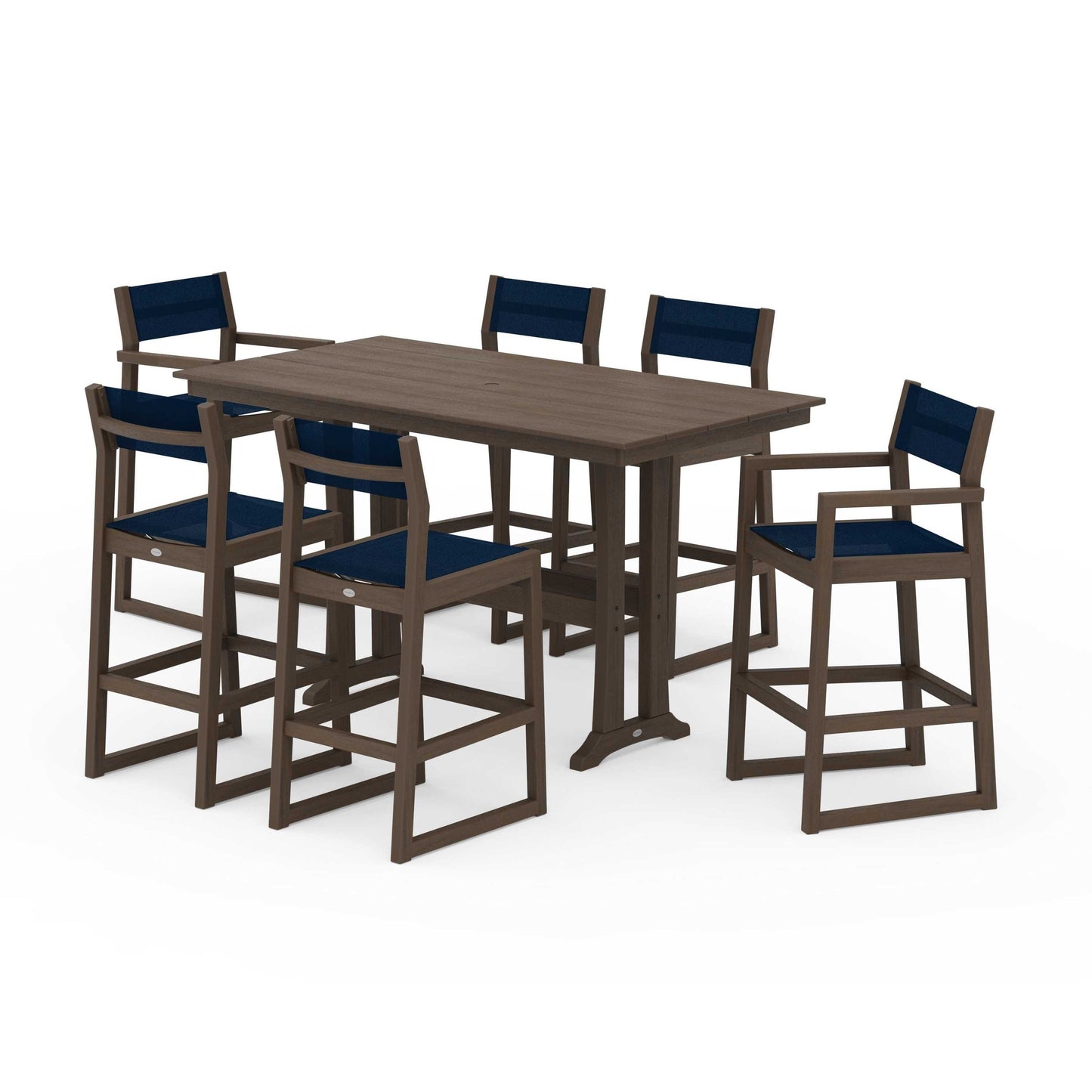 POLYWOOD EDGE Sling 7-Piece Farmhouse Bar Set with Trestle Legs — Kona / Navy Blue Sling
