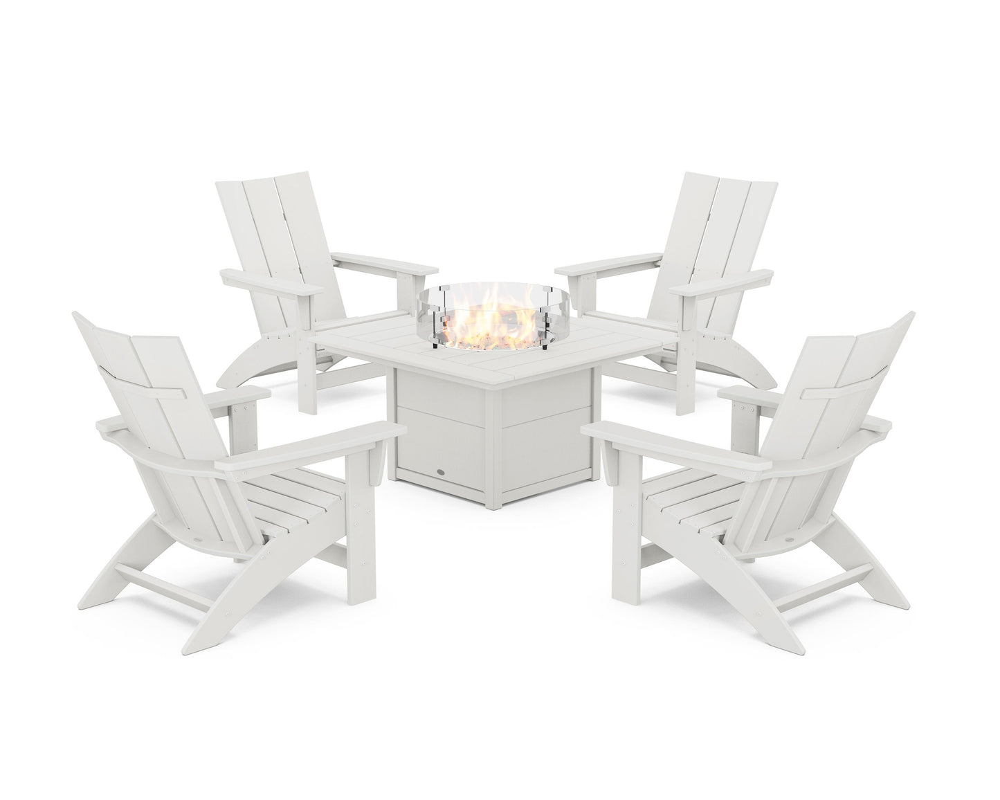 POLYWOOD 5-Piece Modern Grand Adirondack Conversation Set with Fire Pit Table — Vintage White