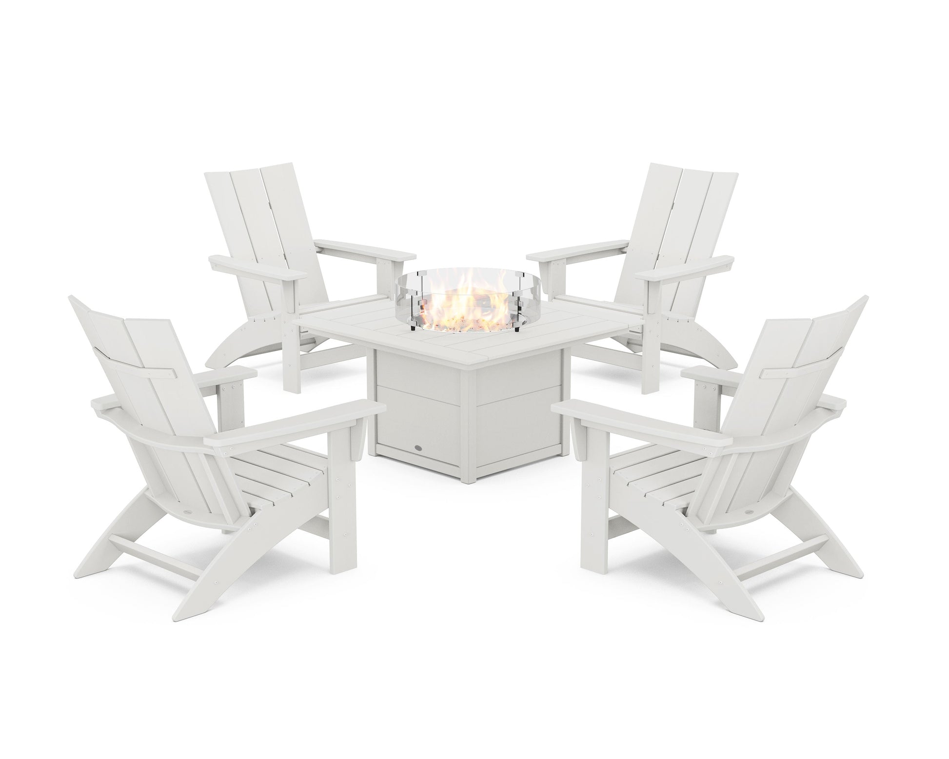 POLYWOOD 5-Piece Modern Grand Adirondack Conversation Set with Fire Pit Table — Vintage White
