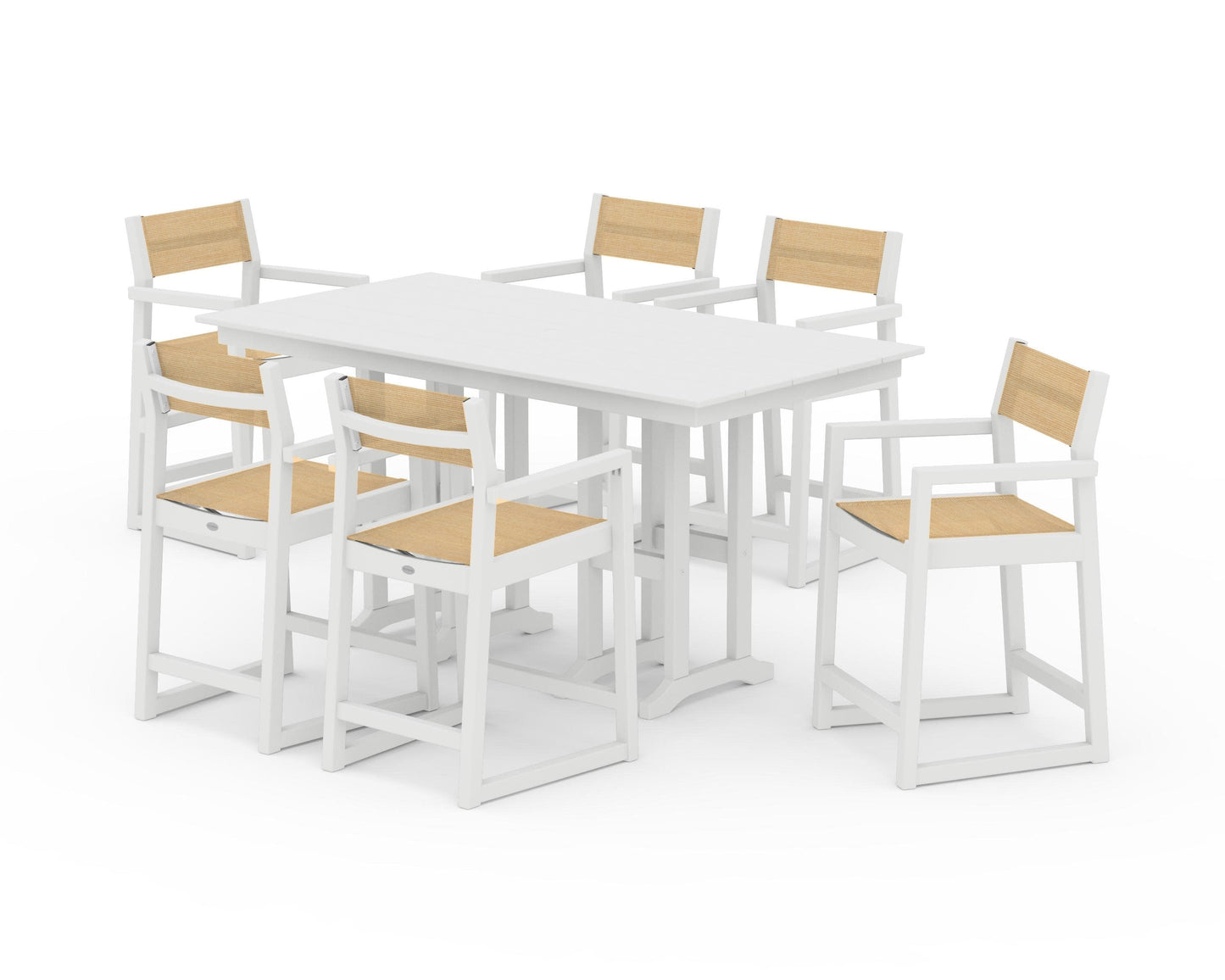POLYWOOD EDGE Sling Arm Chair 7-Piece Farmhouse Counter Set — White / Dupioni Apricot Sling