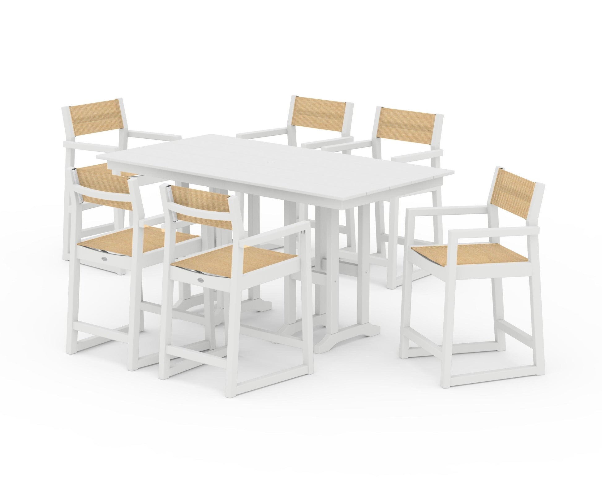 POLYWOOD EDGE Sling Arm Chair 7-Piece Farmhouse Counter Set — White / Dupioni Apricot Sling